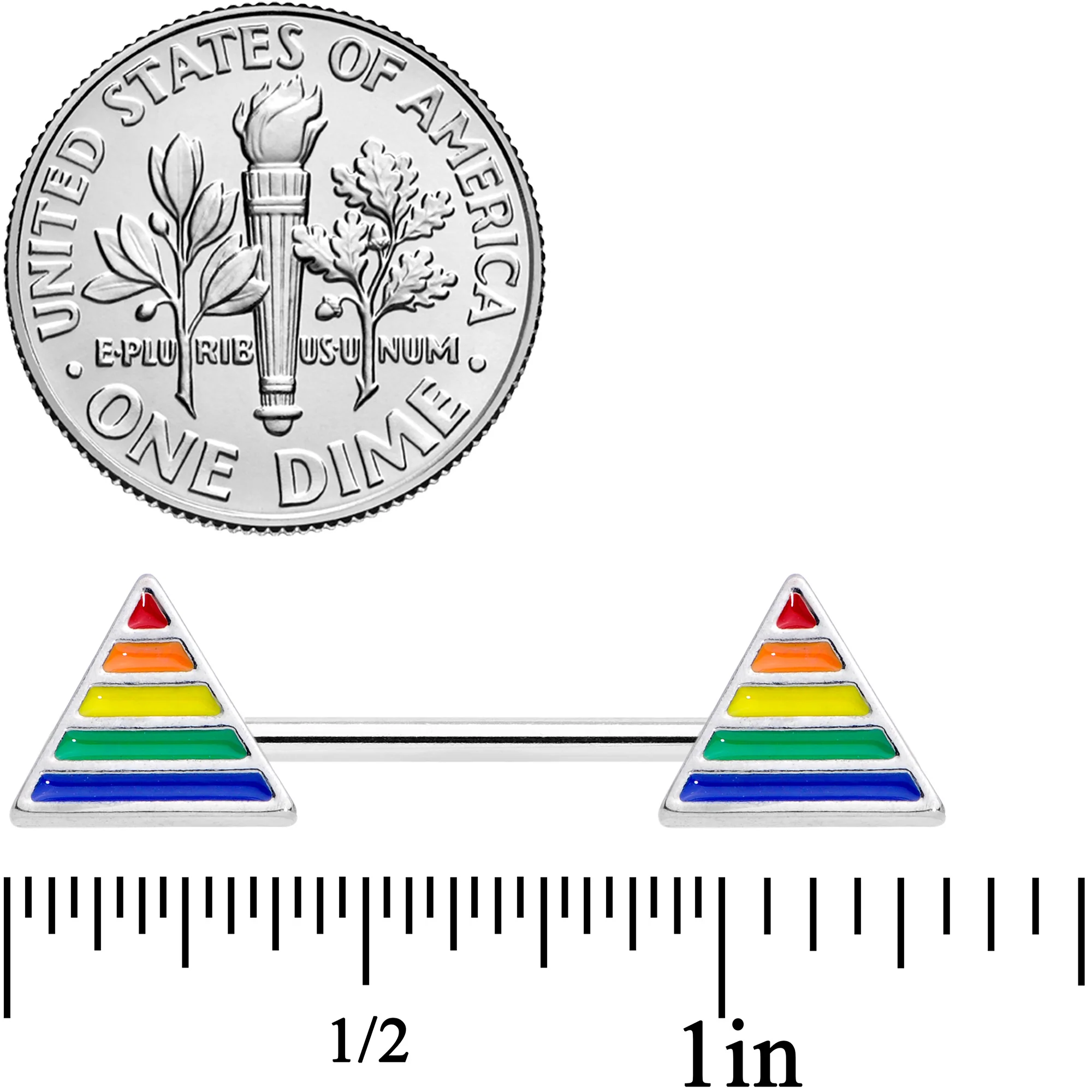 14G 9/16 Rainbow Pride Triangle Barbell Nipple Ring Set - Image 2