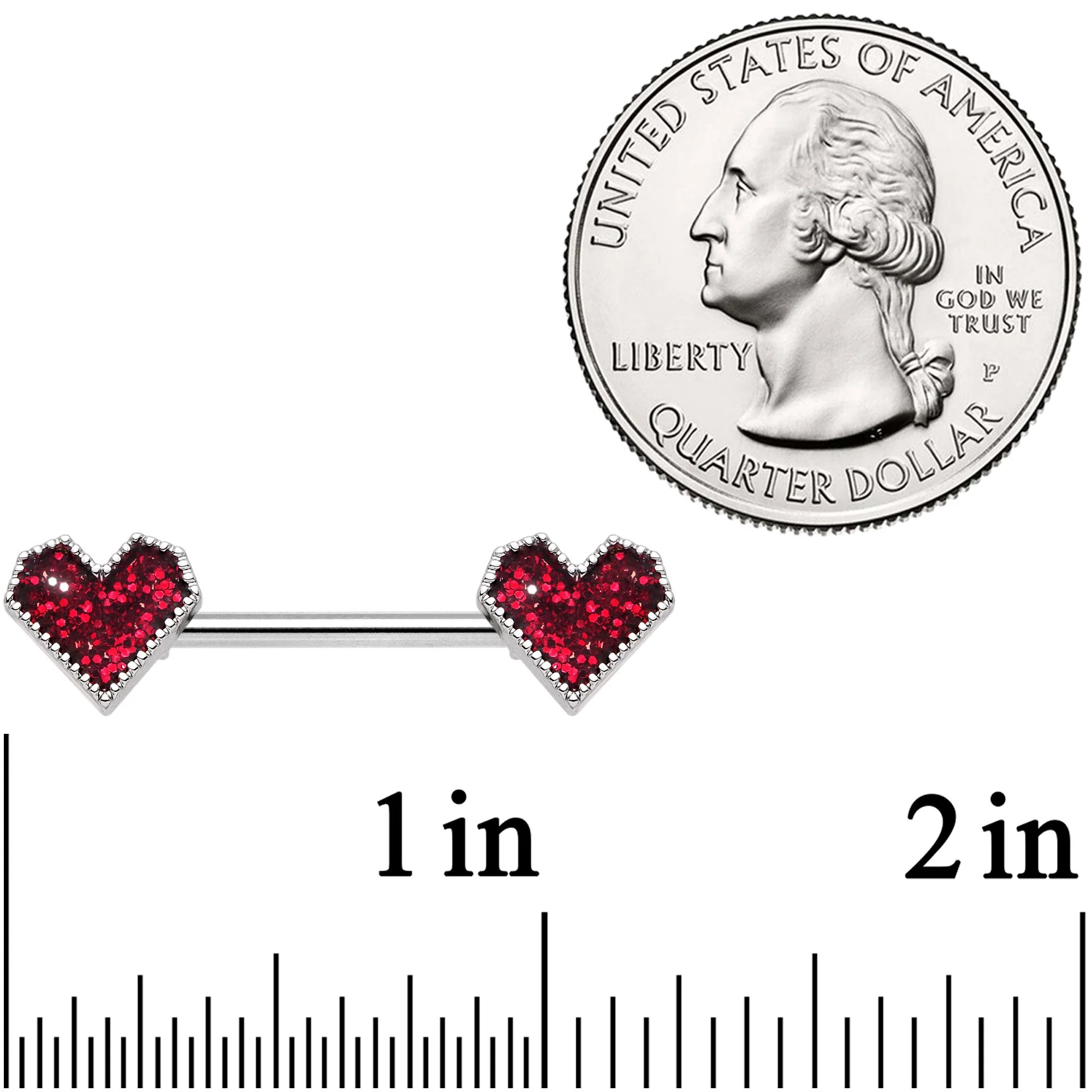 14G 9/16 Red Valentine Heart Barbell Nipple Ring Set - Image 2