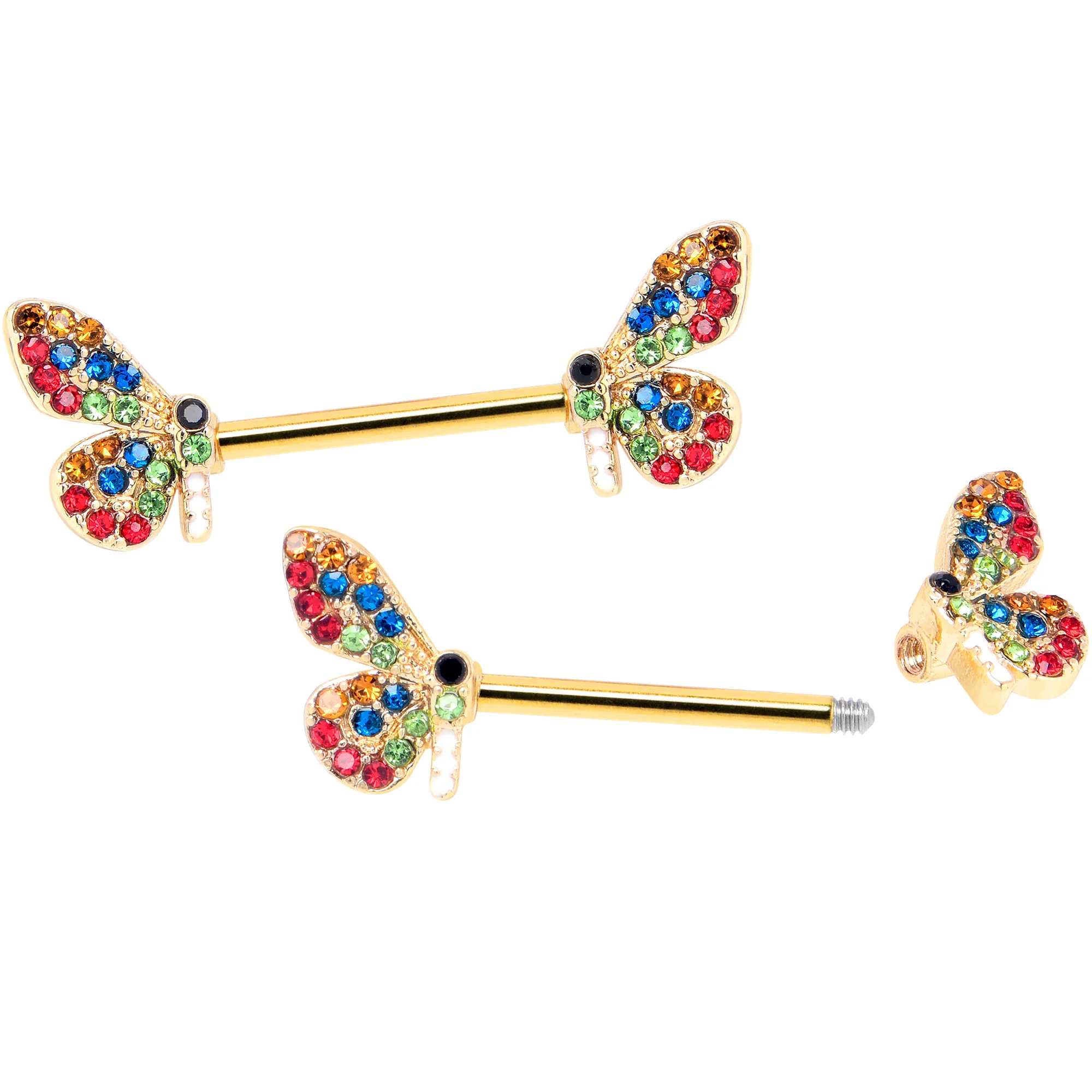 14G 9/16 Red Blue Gem Gold Tone Butterfly Barbell Nipple Ring Set - Image 2