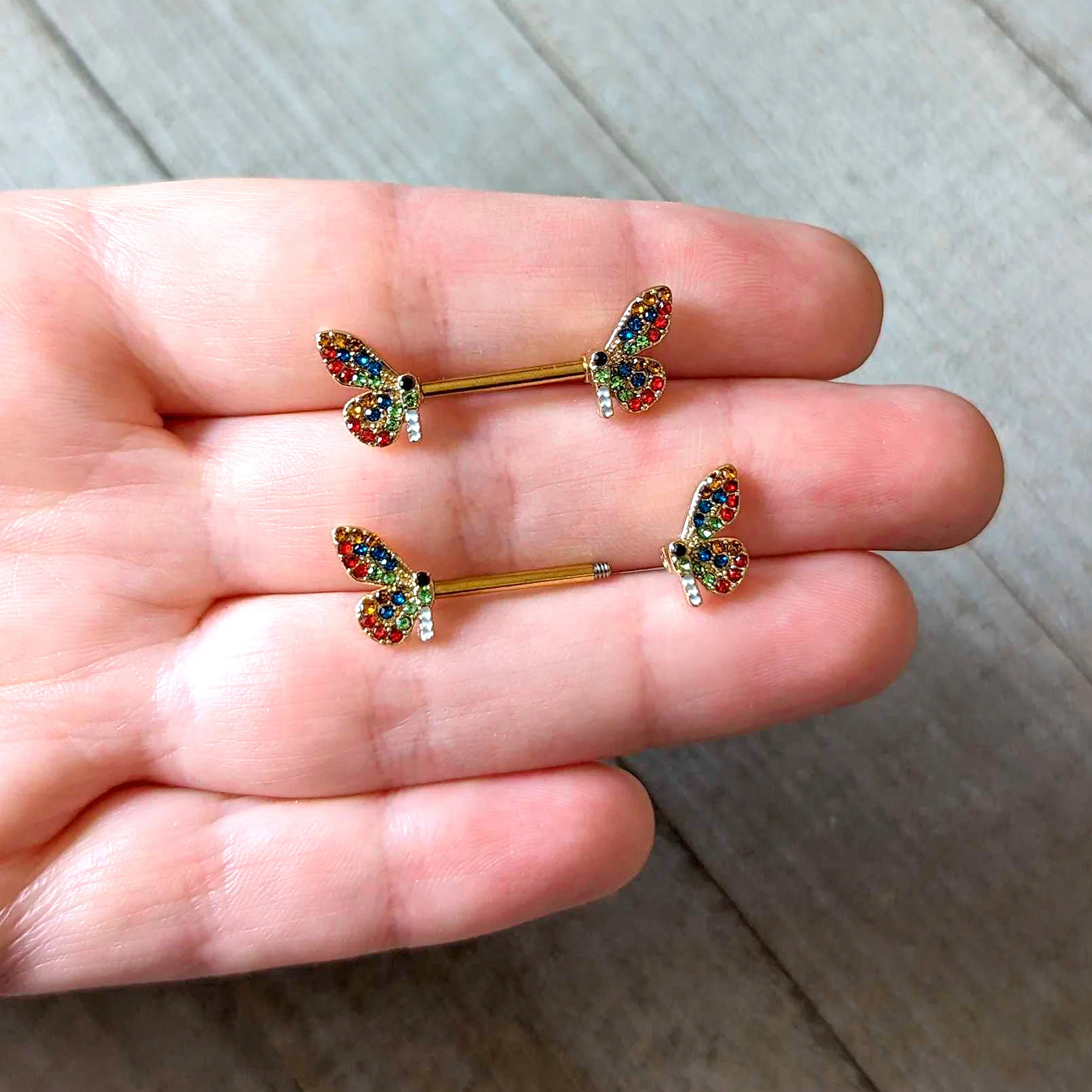 14G 9/16 Red Blue Gem Gold Tone Butterfly Barbell Nipple Ring Set - Image 3