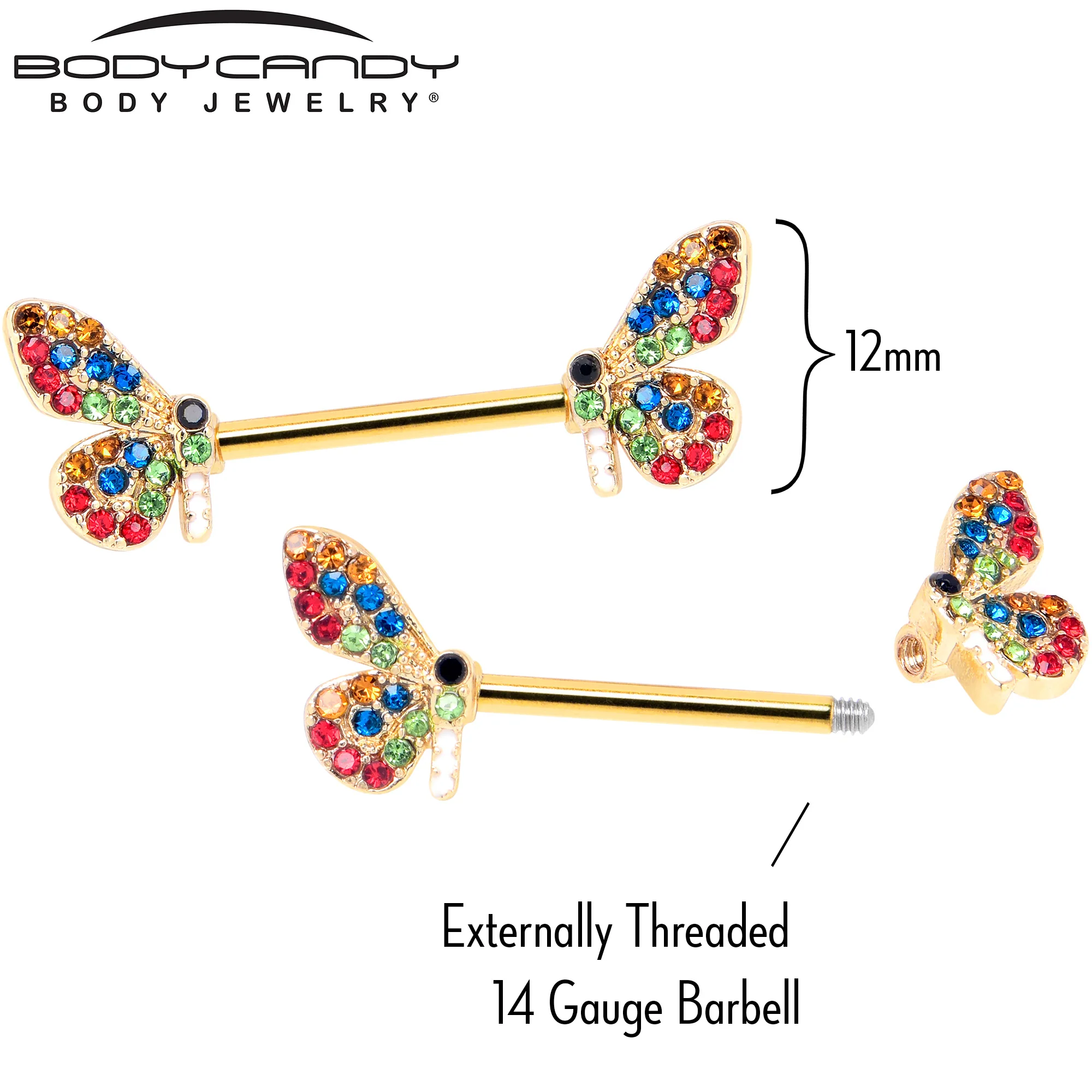 14G 9/16 Red Blue Gem Gold Tone Butterfly Barbell Nipple Ring Set - Image 4