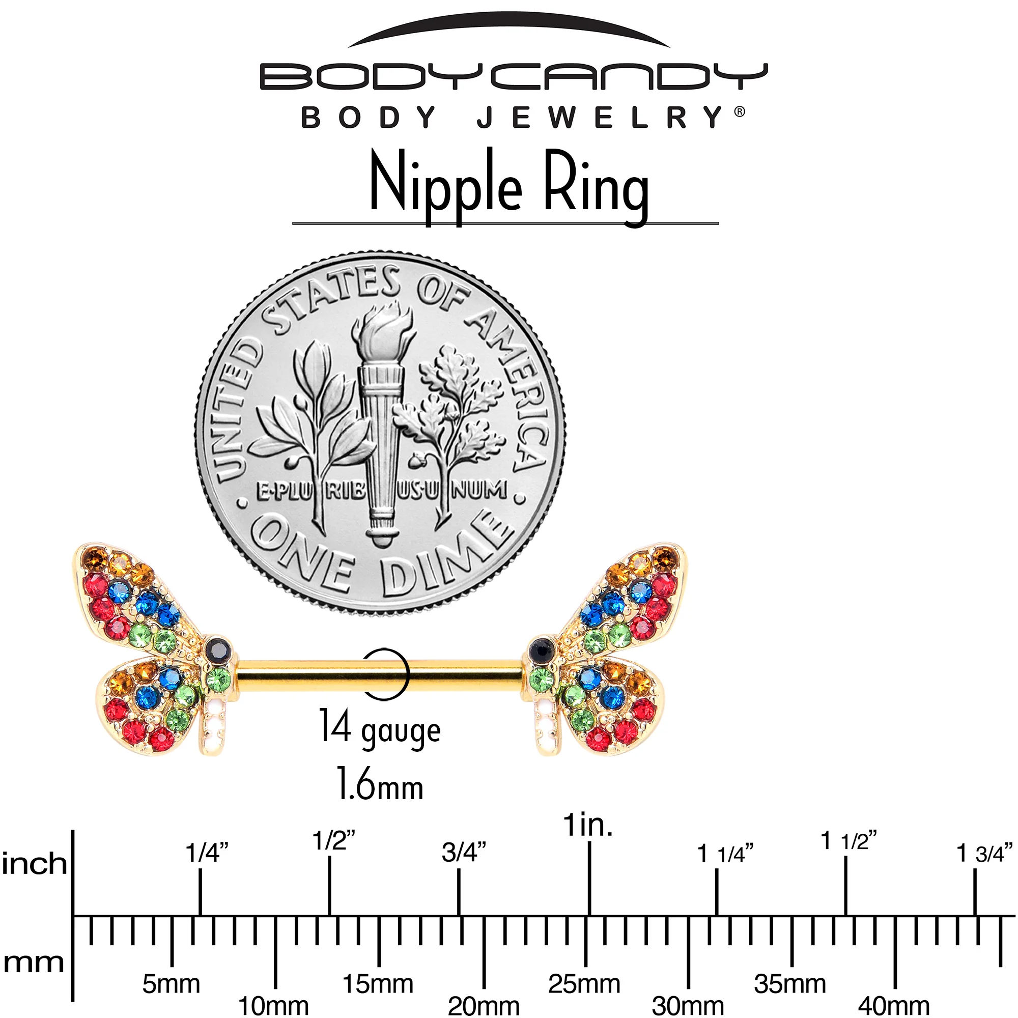 14G 9/16 Red Blue Gem Gold Tone Butterfly Barbell Nipple Ring Set - Image 5