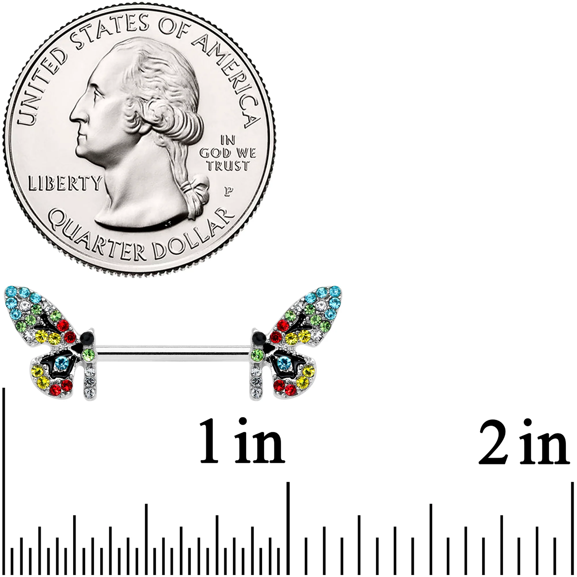 14G 9/16 Red Blue Gem Multi Butterfly Barbell Nipple Ring Set - Image 2