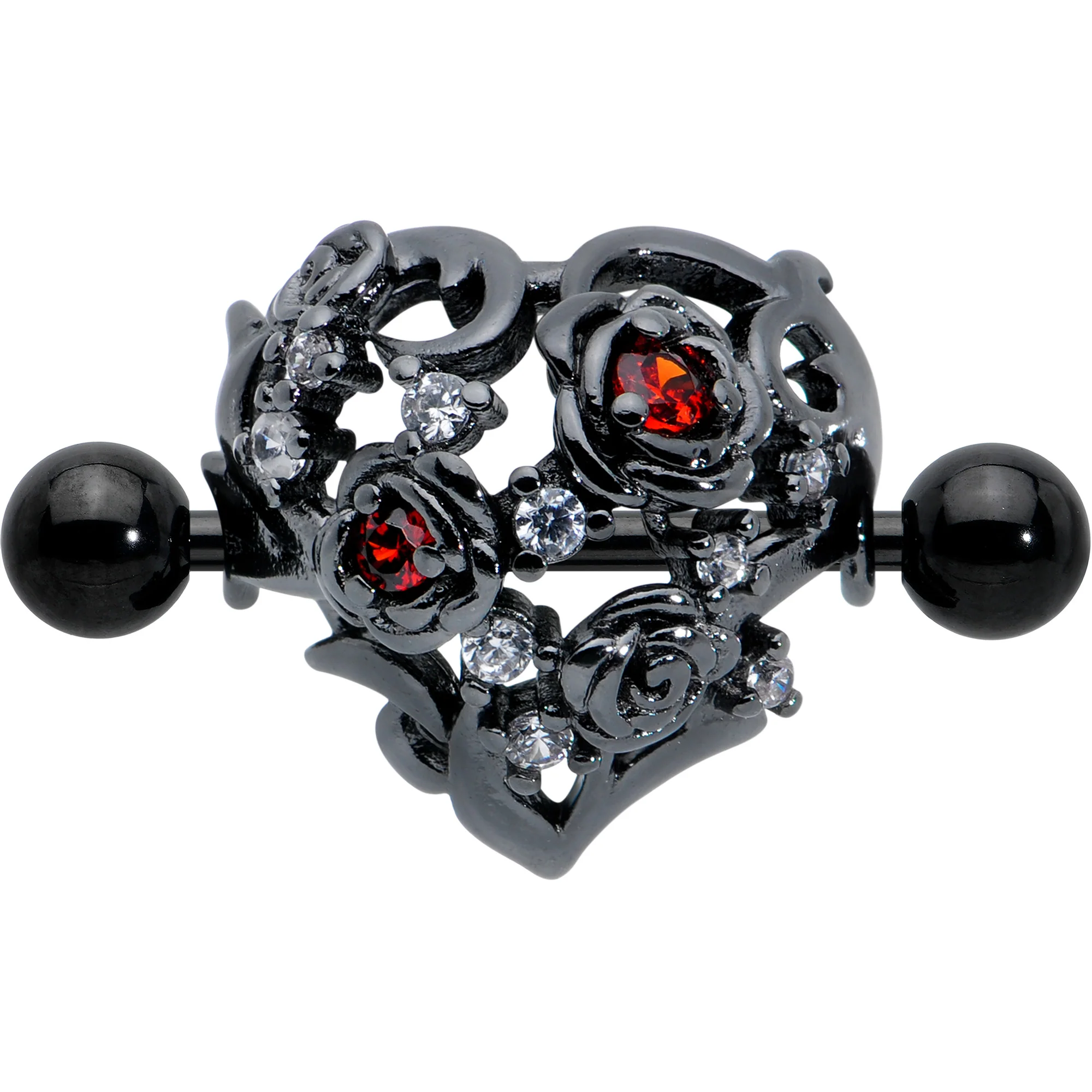 14G 9/16 Red Clear CZ Gem Black Floral Heart Nipple Shield Set - Image 2