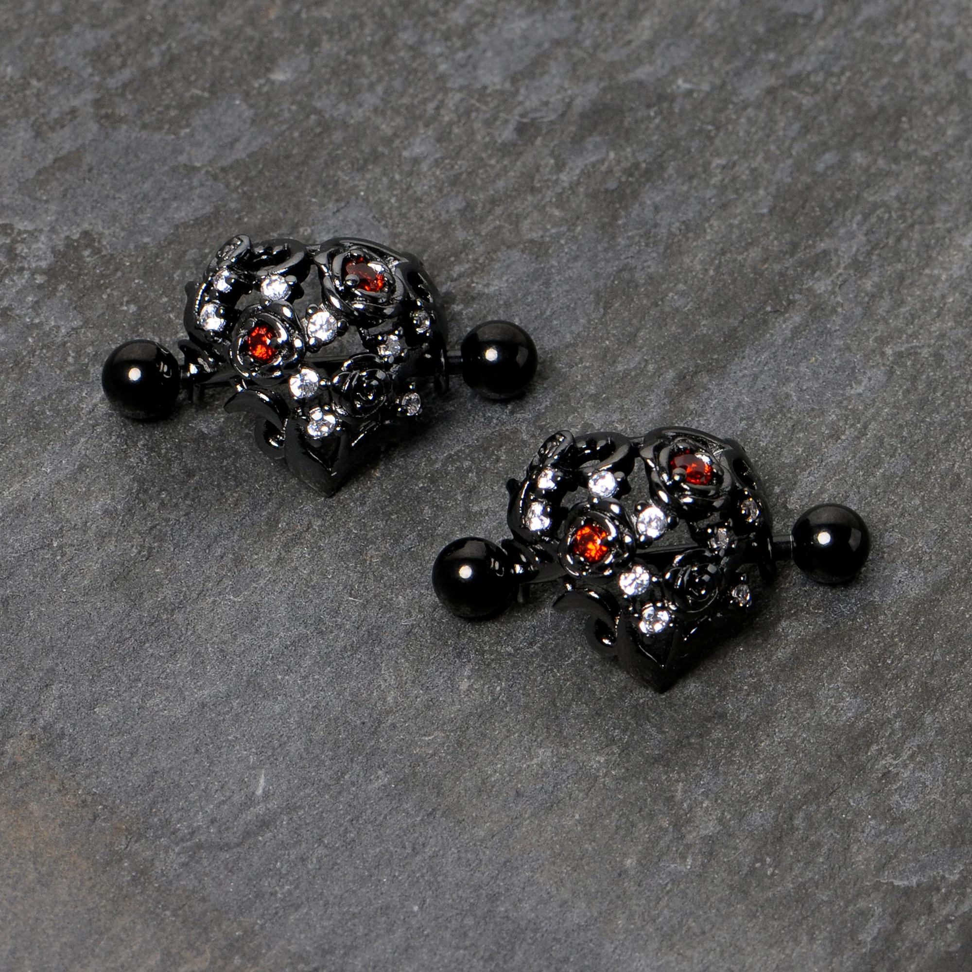 14G 9/16 Red Clear CZ Gem Black Floral Heart Nipple Shield Set - Image 6