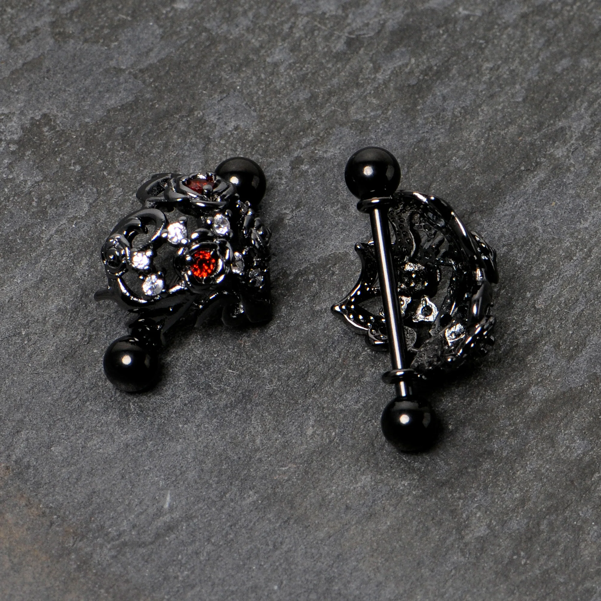 14G 9/16 Red Clear CZ Gem Black Floral Heart Nipple Shield Set - Image 7