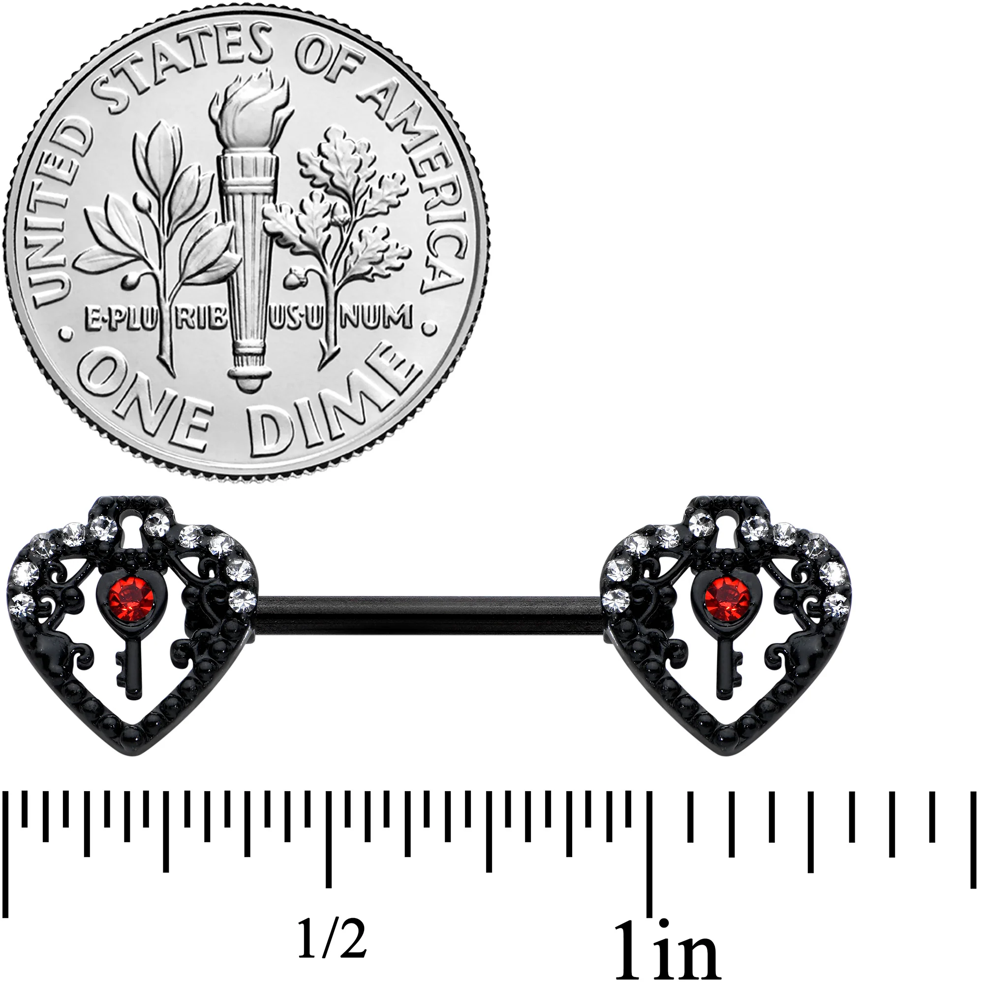 14G 9/16 Red Clear Gem Black Key Heart Barbell Nipple Ring Set - Image 3