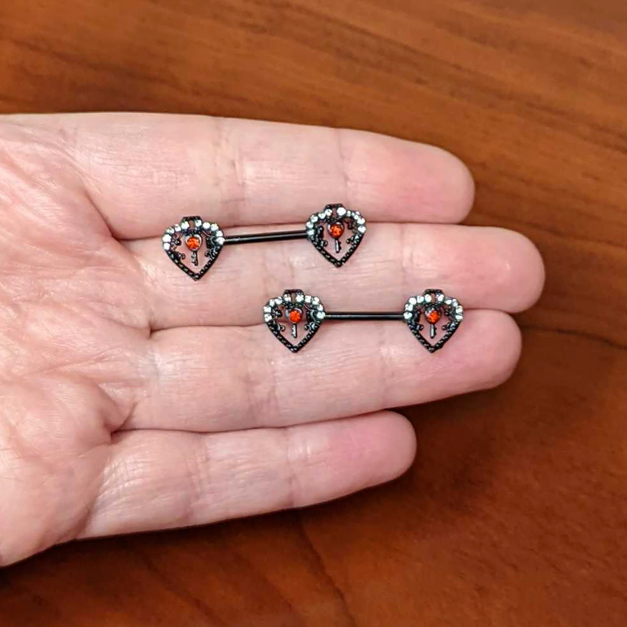 14G 9/16 Red Clear Gem Black Key Heart Barbell Nipple Ring Set - Image 5