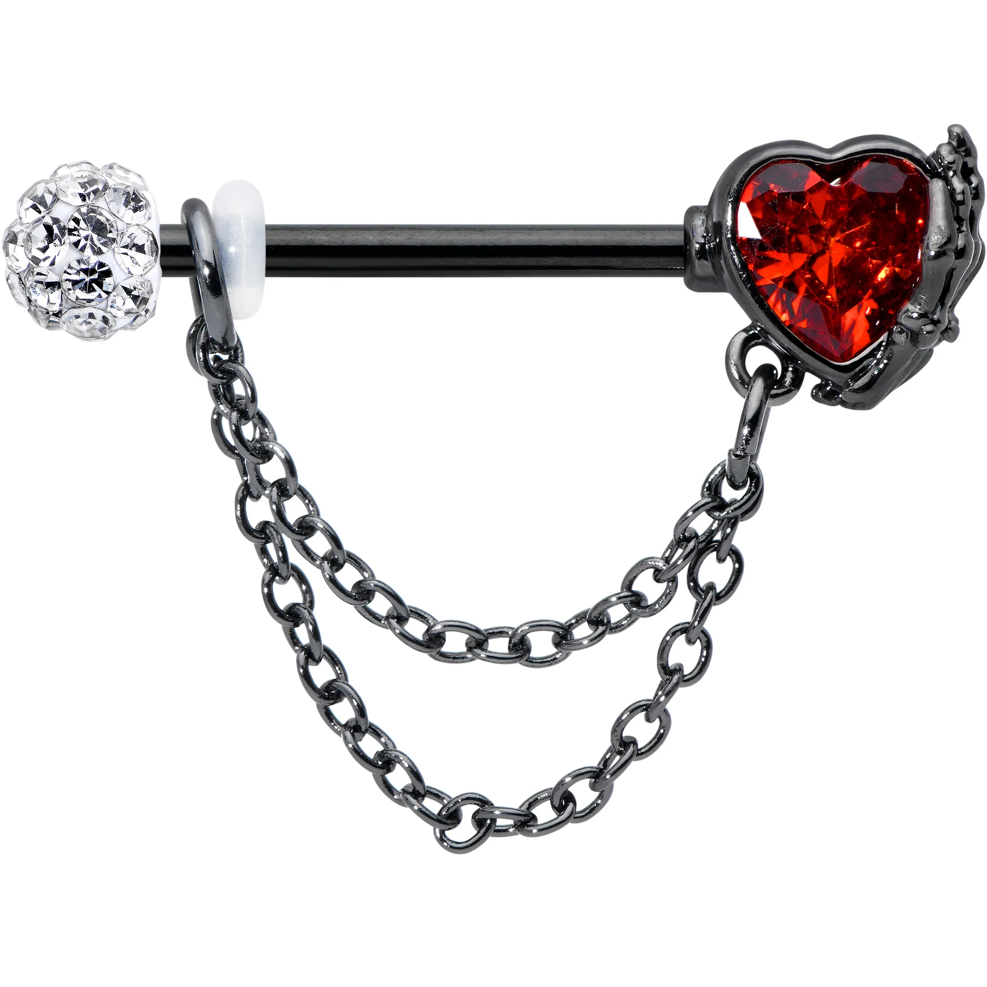 14G 9/16 Red CZ Gem Black Heart Hand Chain Dangle Nipple Ring Set - Image 2