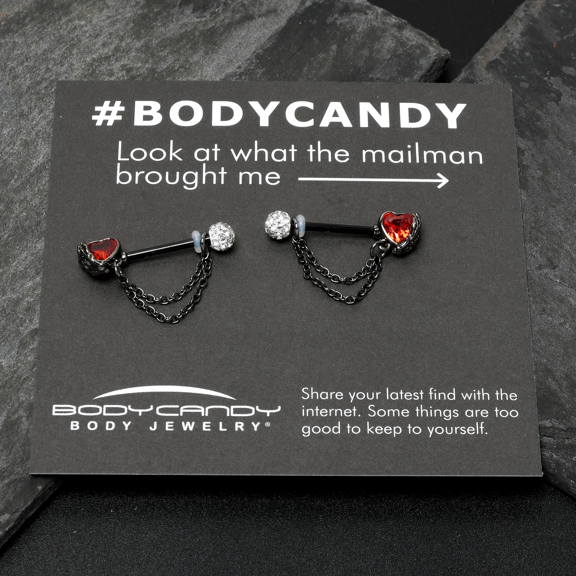 14G 9/16 Red CZ Gem Black Heart Hand Chain Dangle Nipple Ring Set - Image 8