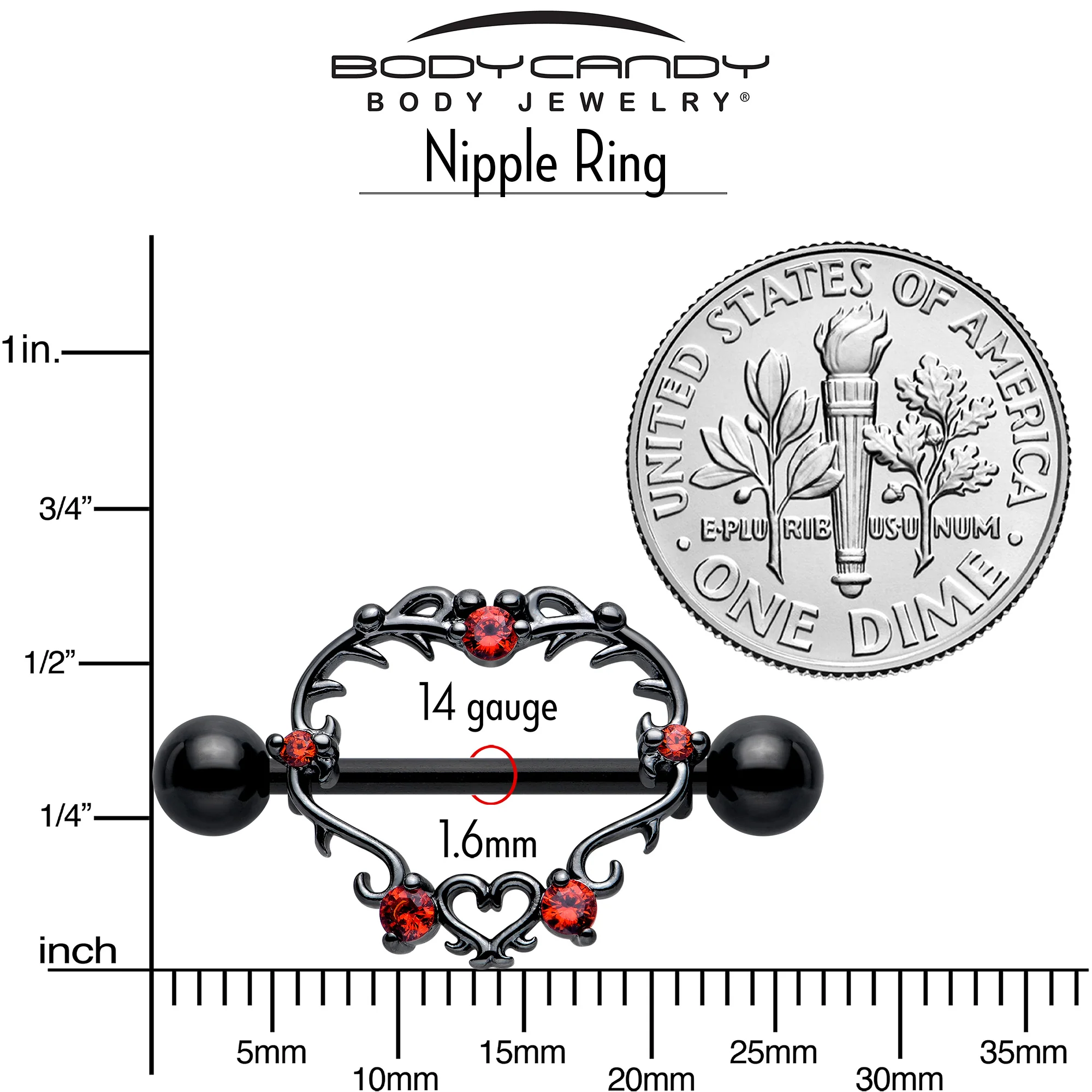 14G 9/16 Red CZ Gem Black Leafy Heart Nipple Shield Set - Image 5