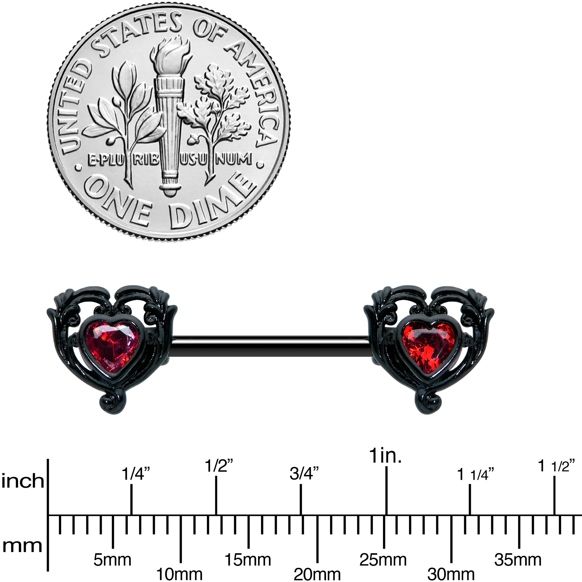 14G 9/16 Red CZ Gem Black Passion Heart Barbell Nipple Ring Set - Image 4