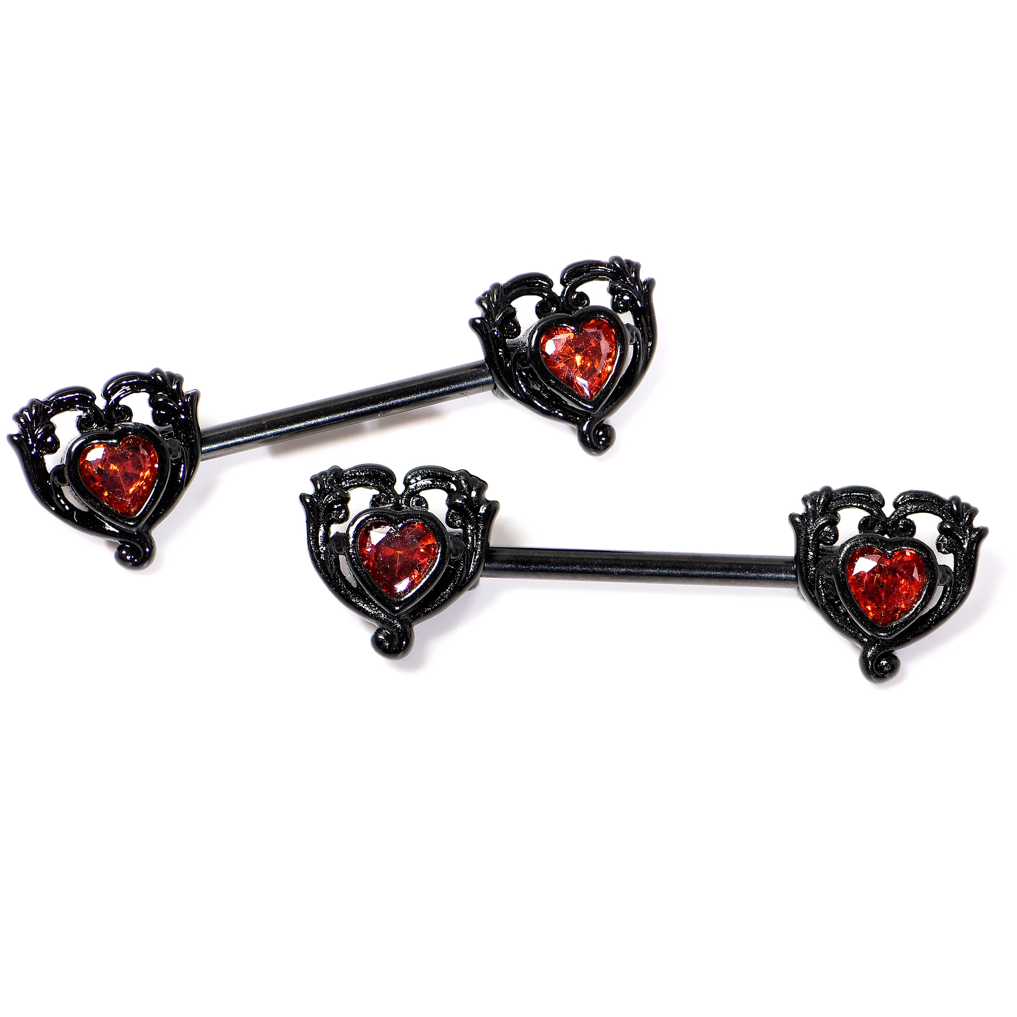 14G 9/16 Red CZ Gem Black Passion Heart Barbell Nipple Ring Set - Image 5