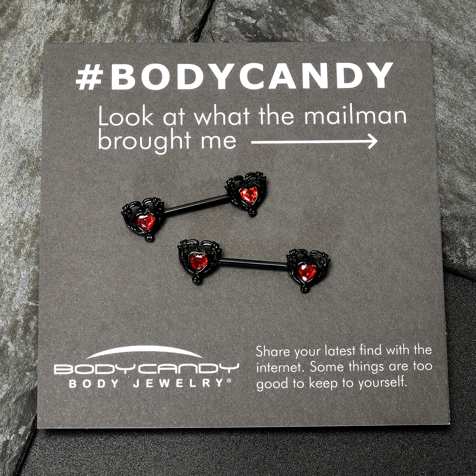 14G 9/16 Red CZ Gem Black Passion Heart Barbell Nipple Ring Set - Image 6