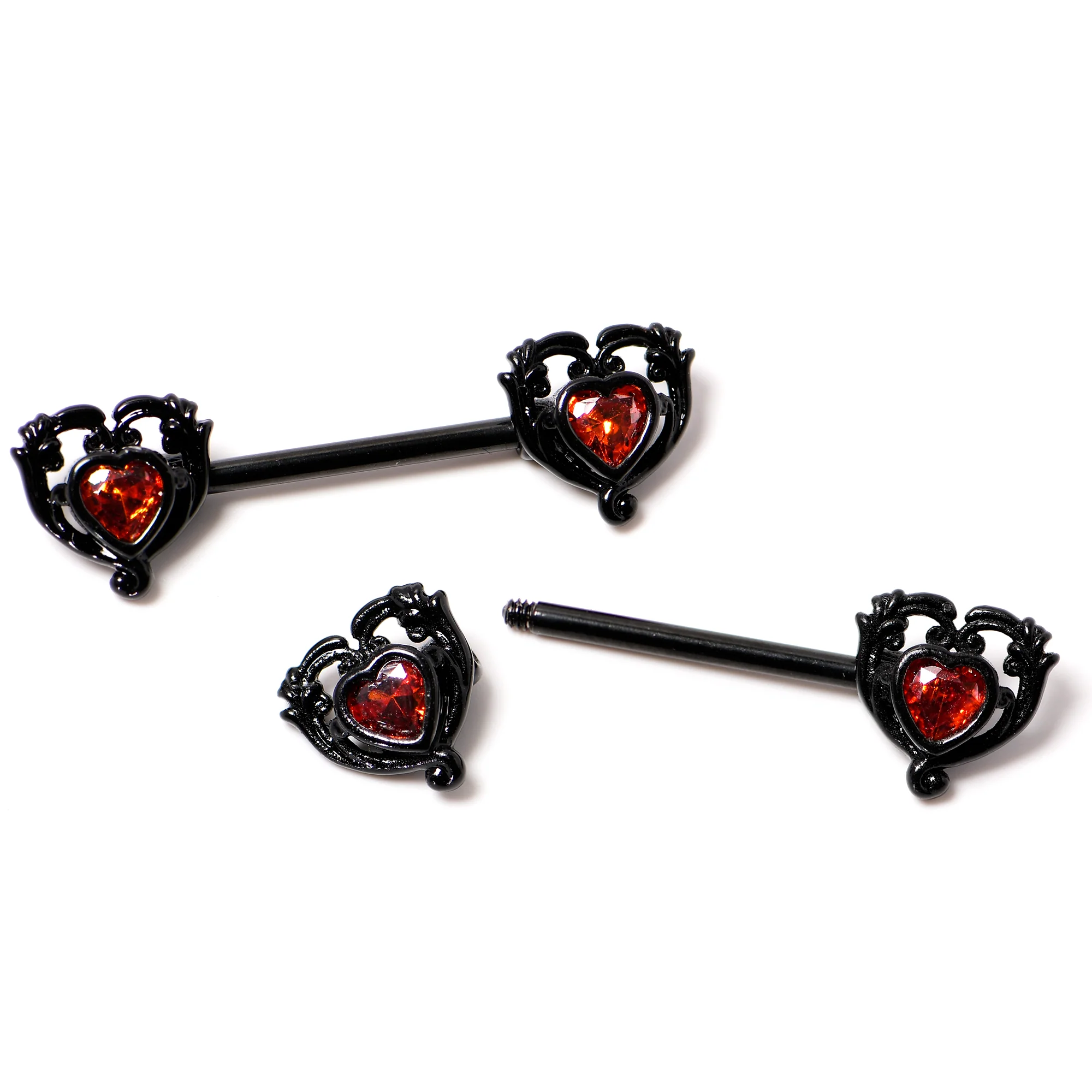 14G 9/16 Red CZ Gem Black Passion Heart Barbell Nipple Ring Set - Image 7