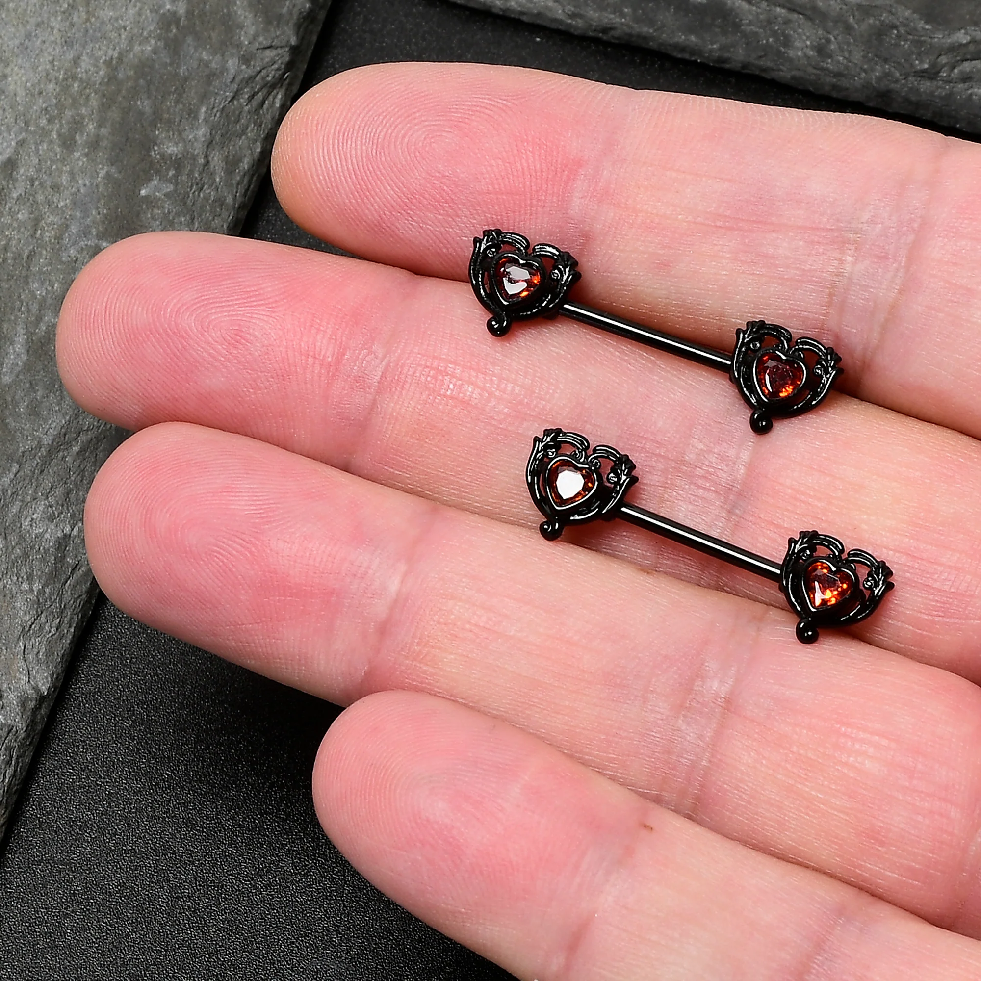 14G 9/16 Red CZ Gem Black Passion Heart Barbell Nipple Ring Set - Image 8