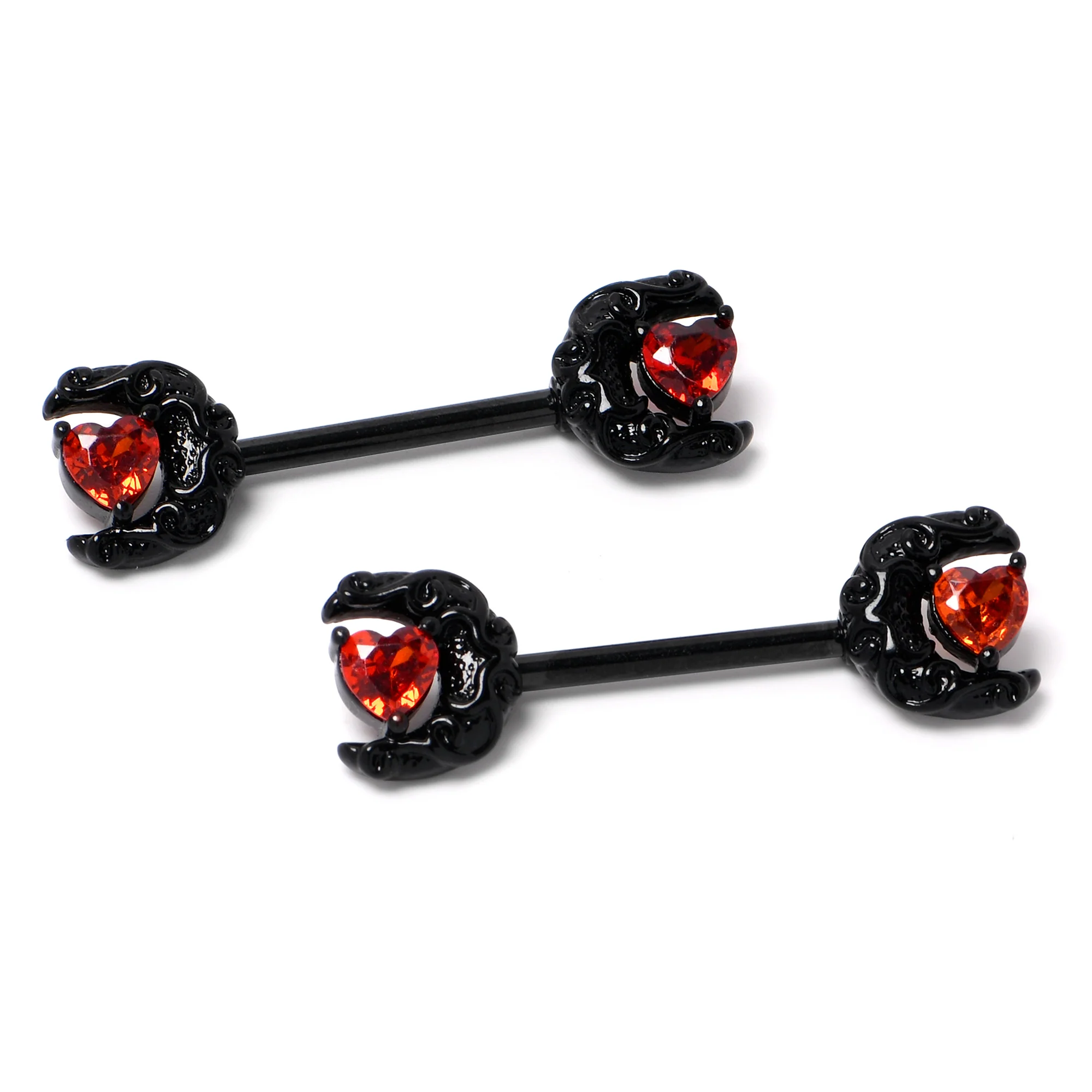 14G 9/16 Red CZ Gem Black Scroll Moon Heart Barbell Nipple Ring Set - Image 4
