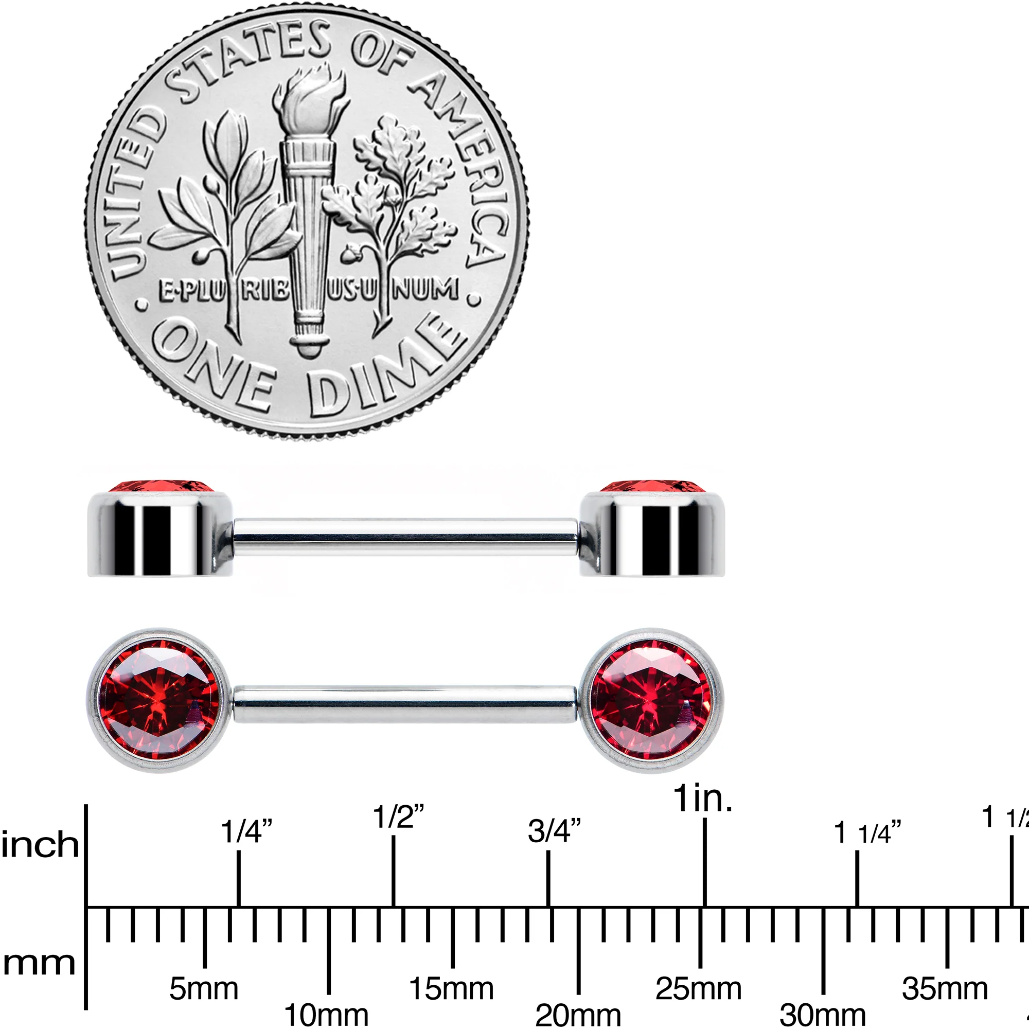14G 9/16 Red CZ Gem G23 Titanium Threadless Nipple Ring Set - Image 4