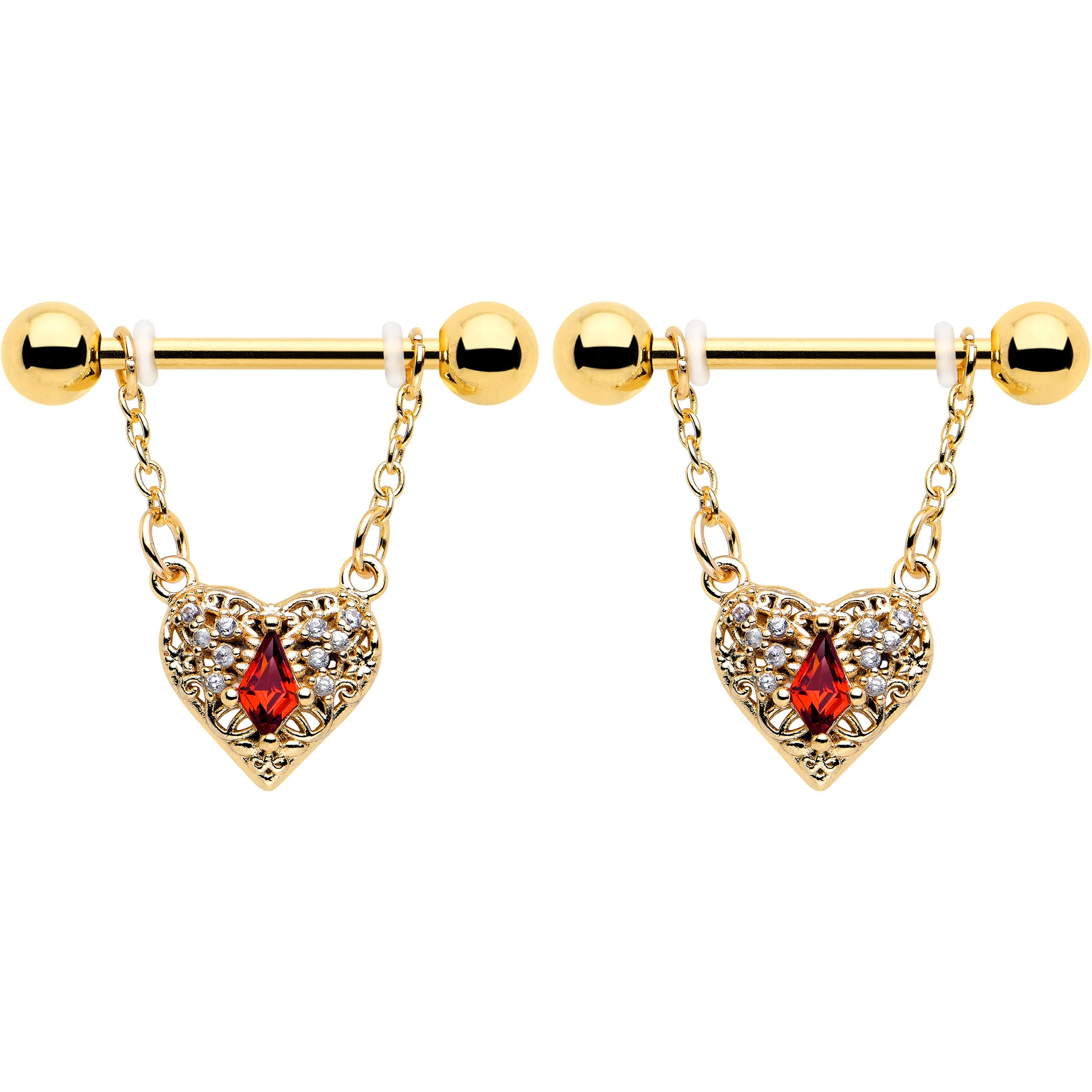 14G 9/16 Red CZ Gem Gold Tone Heart Queen Dangle Nipple Ring Set - Image 2