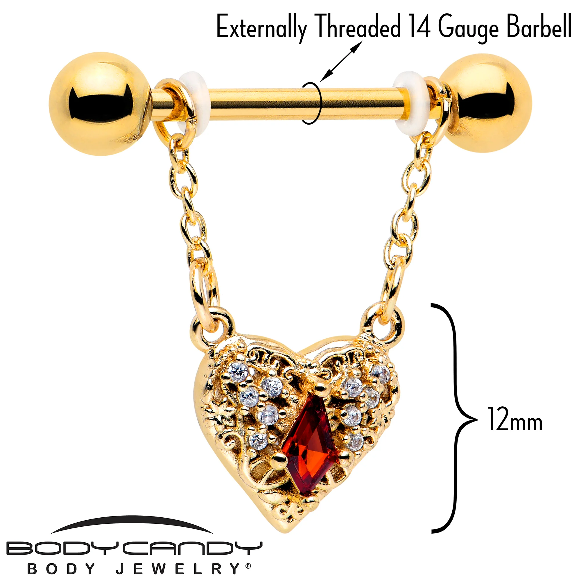 14G 9/16 Red CZ Gem Gold Tone Heart Queen Dangle Nipple Ring Set - Image 3