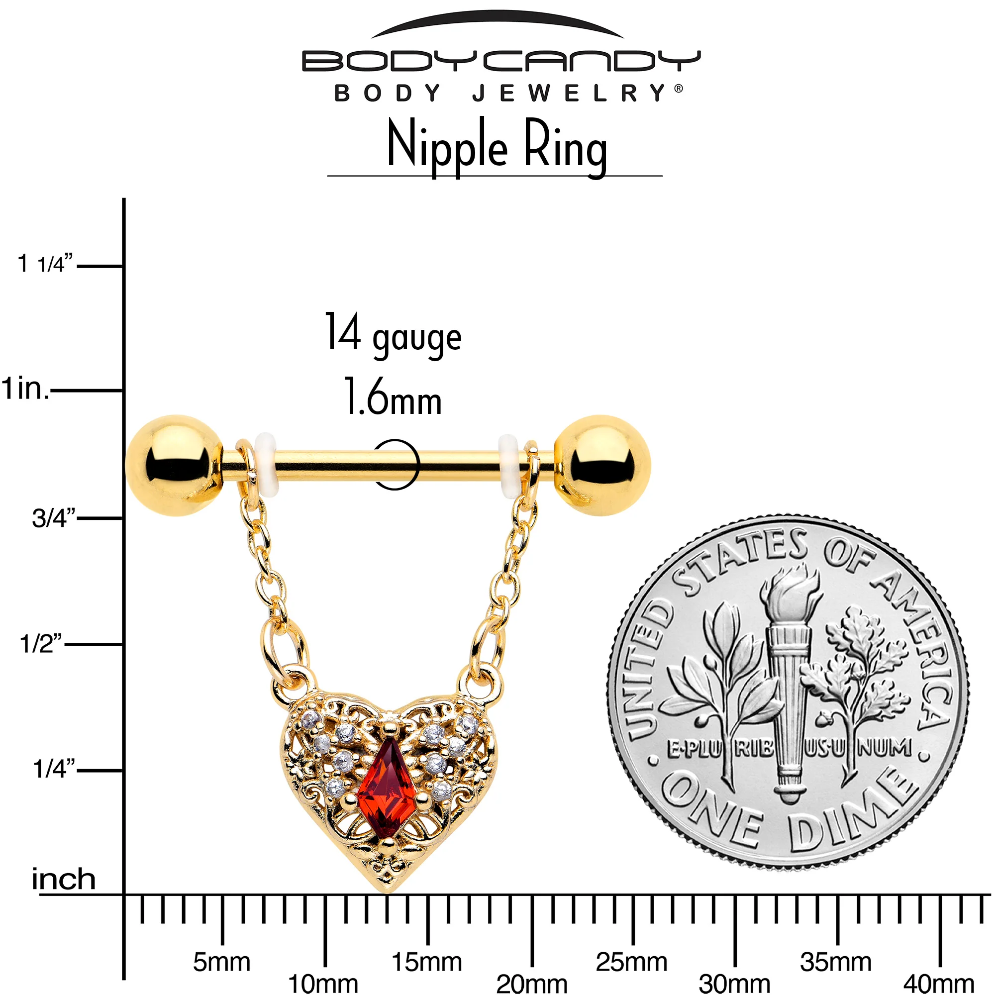 14G 9/16 Red CZ Gem Gold Tone Heart Queen Dangle Nipple Ring Set - Image 4