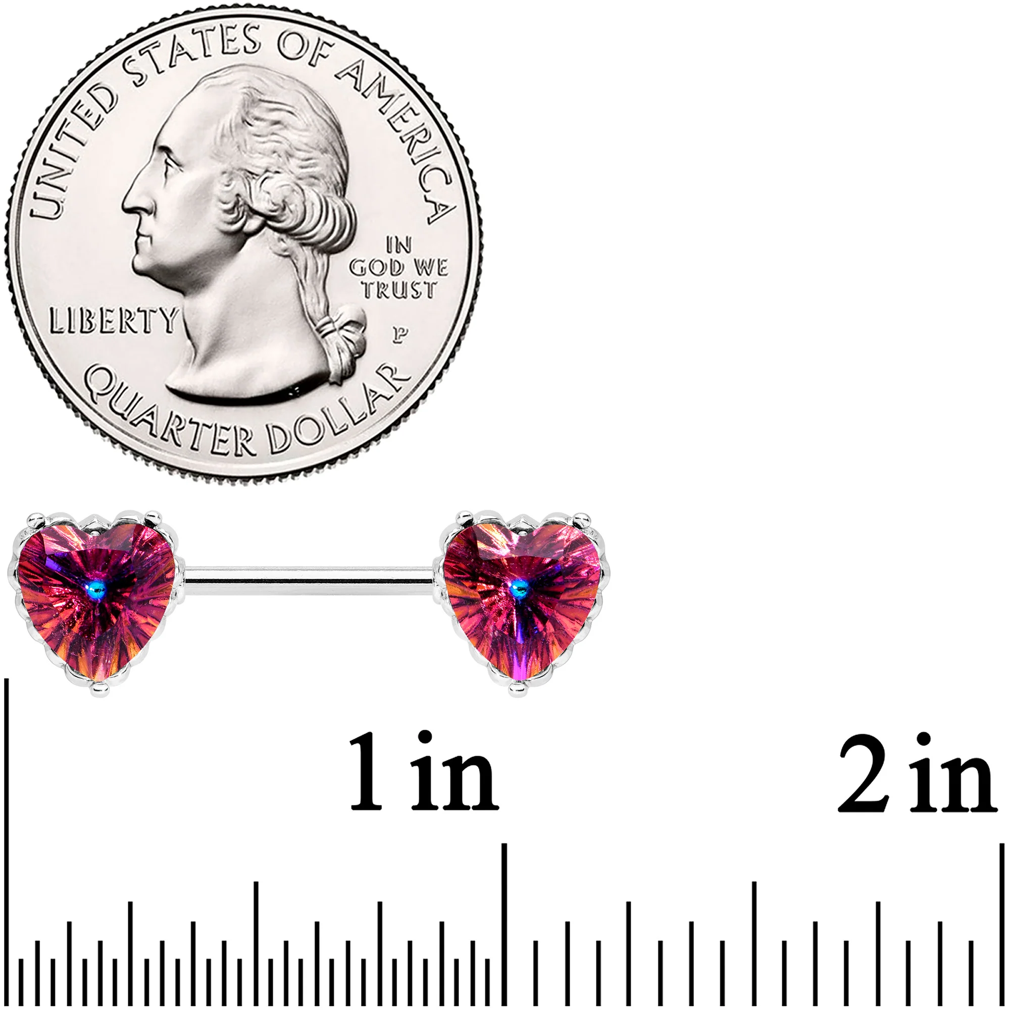 14G 9/16 Red CZ Gem Heart Love Valentine Barbell Nipple Ring Set - Image 2