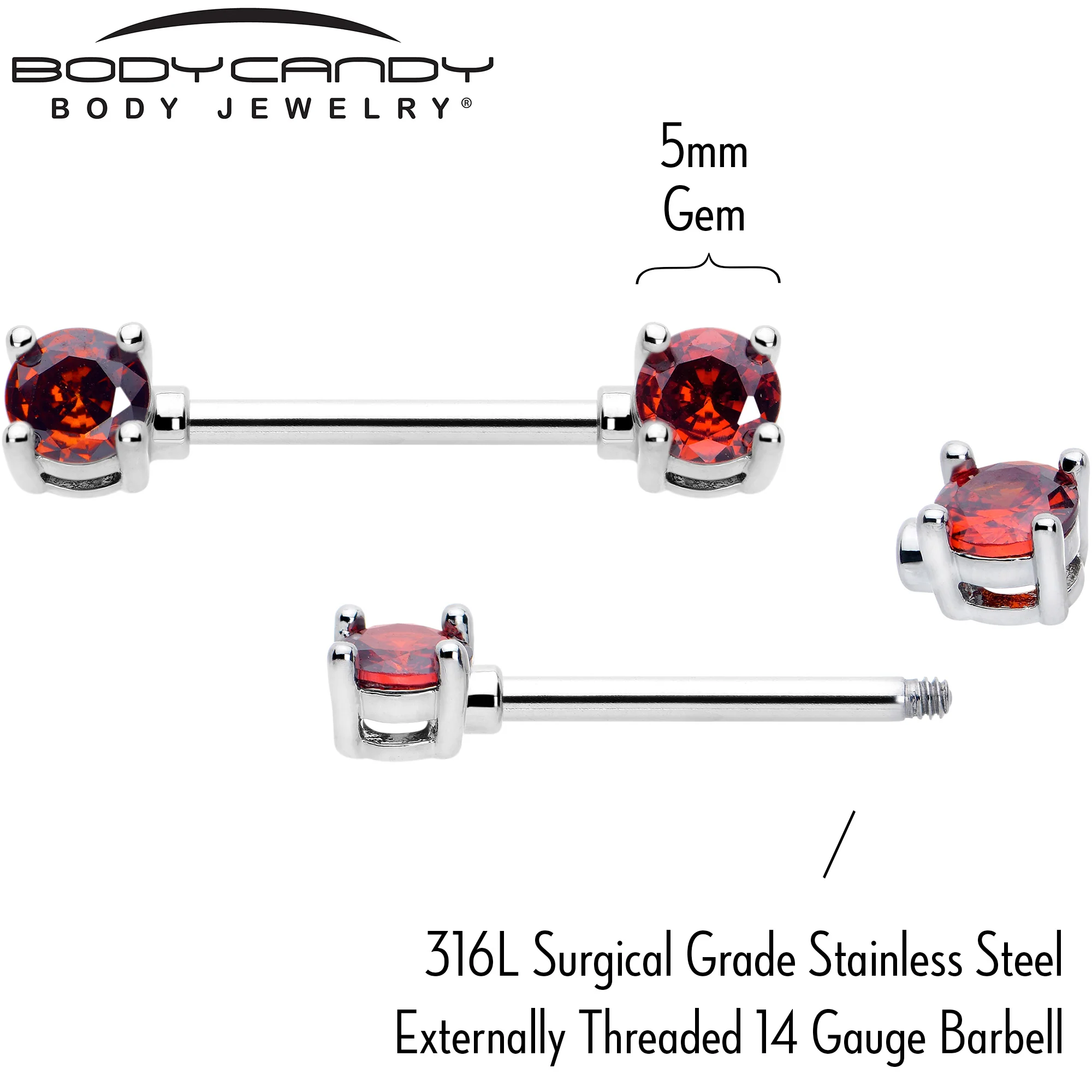 14G 9/16 Red CZ Gem January Birthstone Nipple Ring Set - Image 4