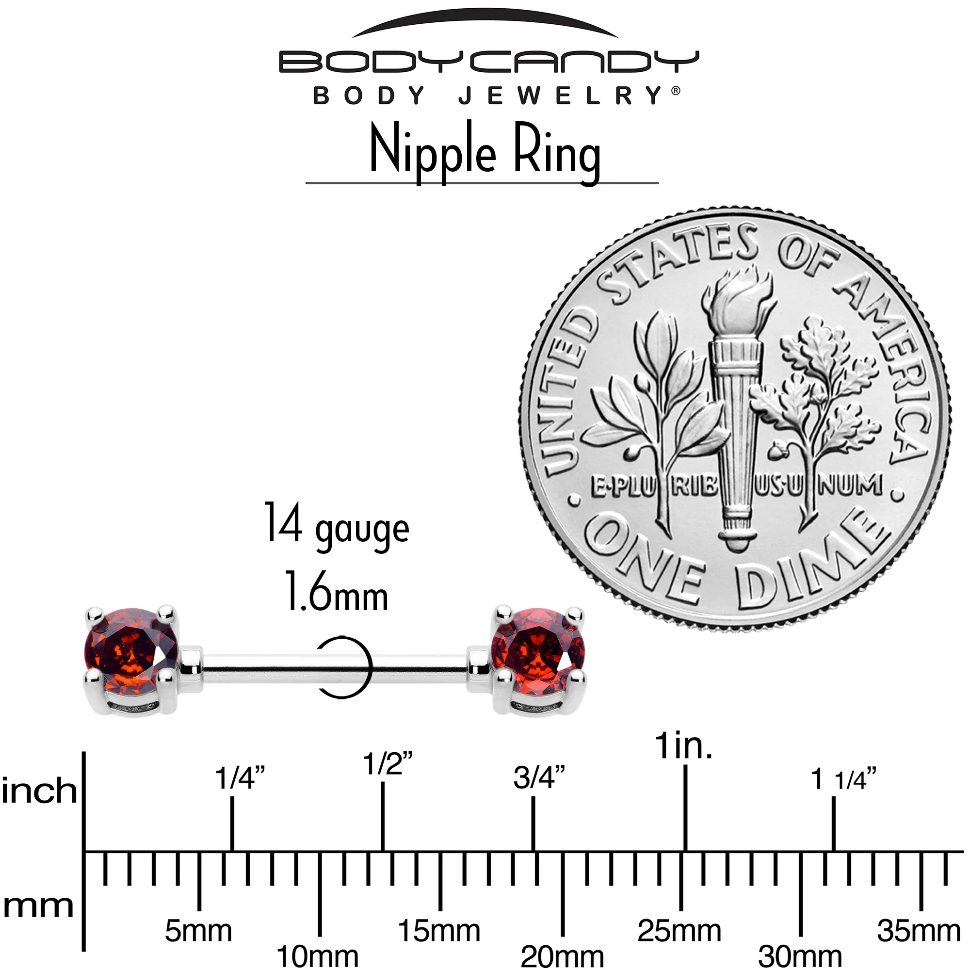 14G 9/16 Red CZ Gem January Birthstone Nipple Ring Set - Image 5