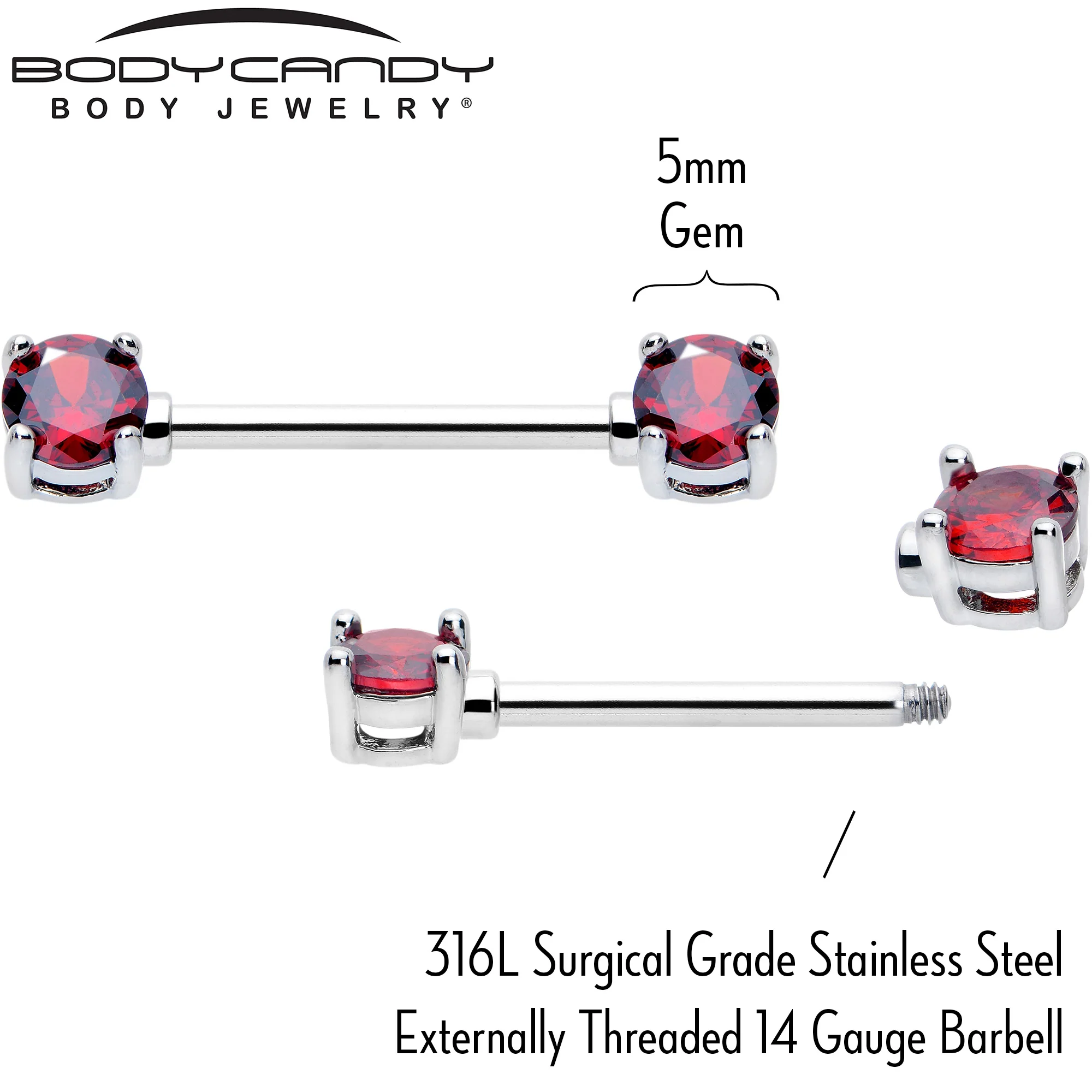 14G 9/16 Red CZ Gem July Birthstone Nipple Ring Set - Image 4