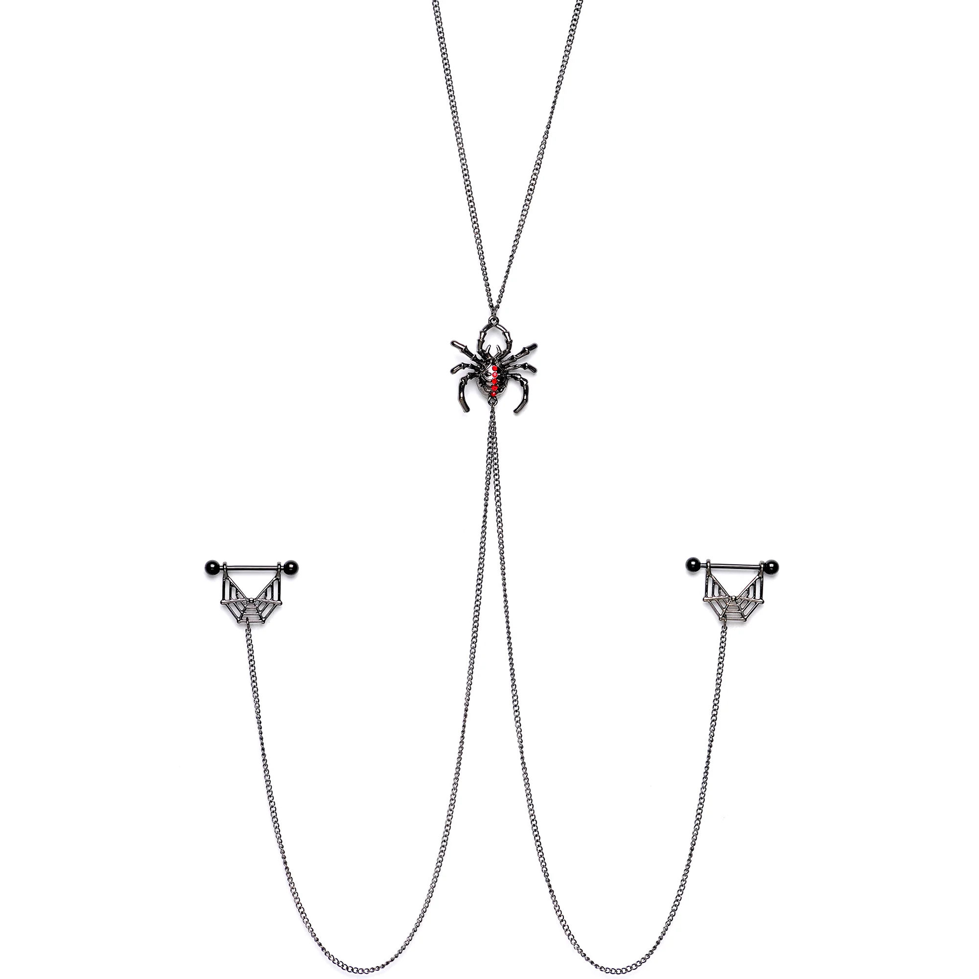 14G 9/16 Red Gem Black Spider Web Halloween Nipple Chain Necklace - Image 2