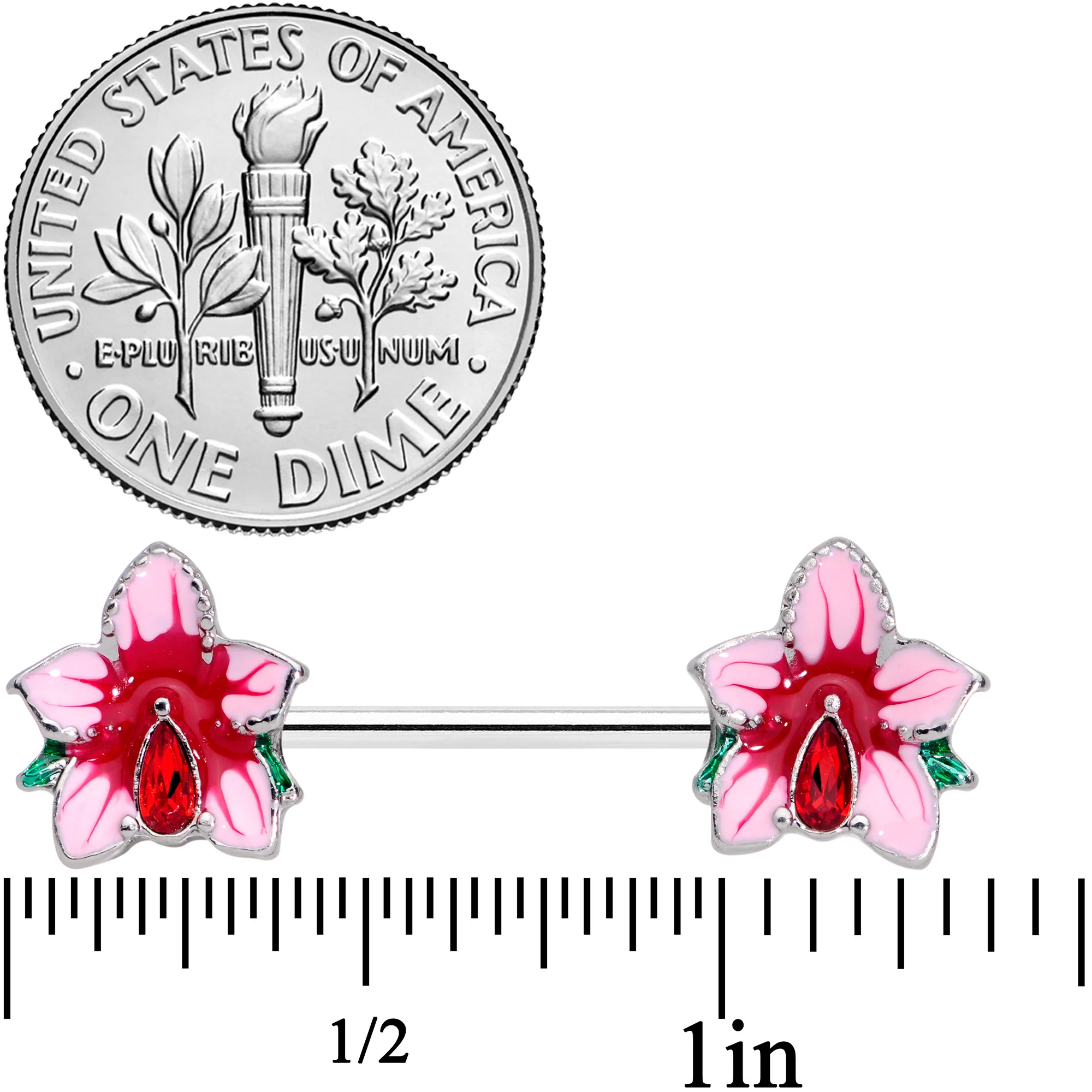 14G 9/16 Red Gem Exotic Flower Barbell Nipple Ring Set - Image 2