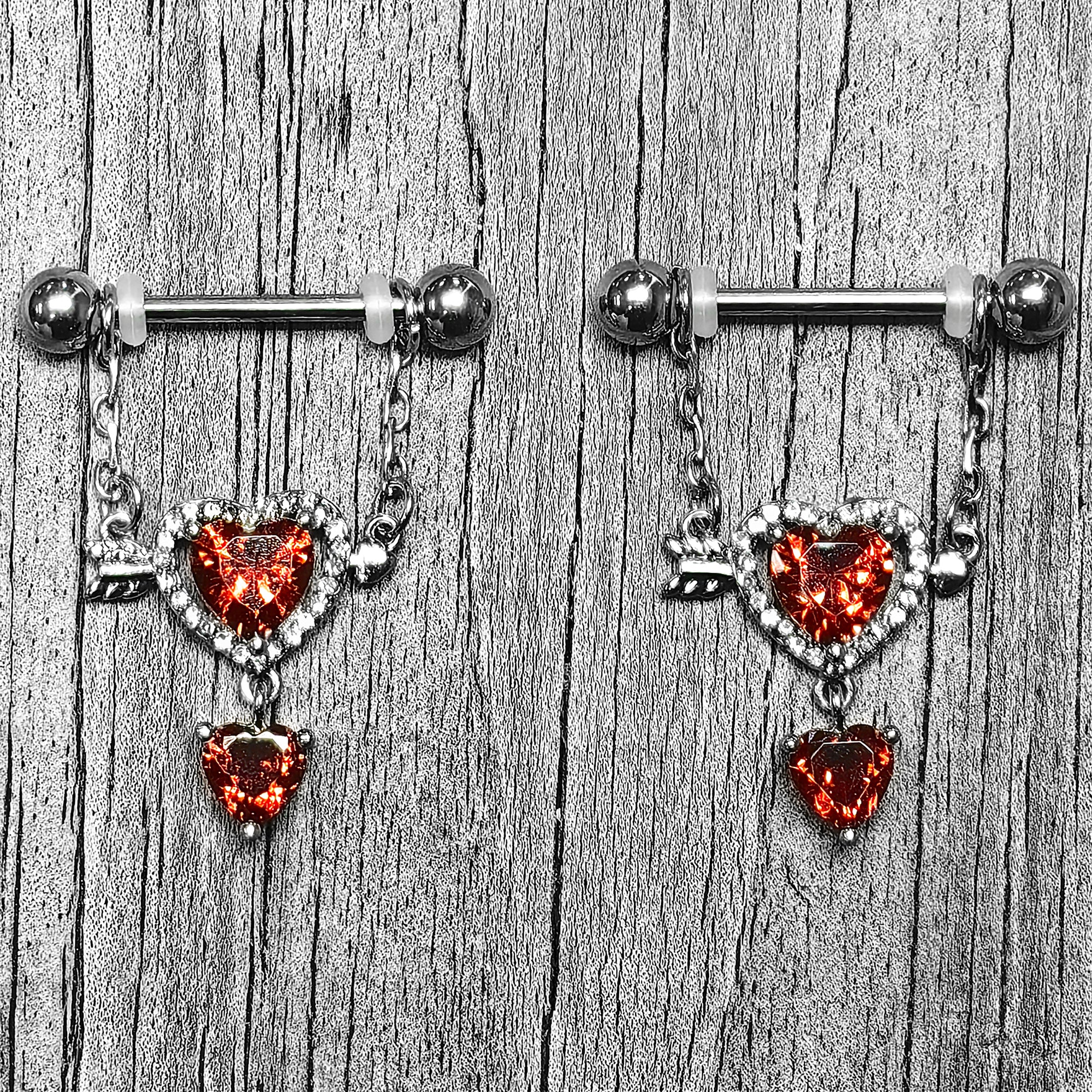 14G 9/16 Red Gem Fusion of Love Arrow Heart Dangle Nipple Ring Set - Image 2