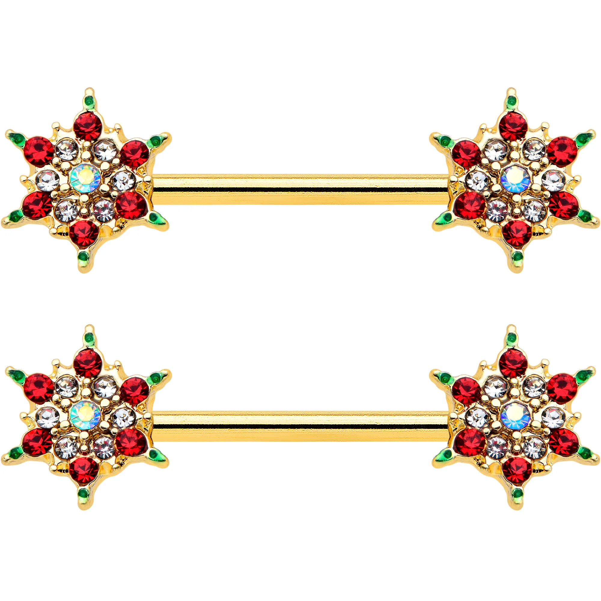 14G 9/16 Red Gem Gold Hue Bright Christmas Barbell Nipple Ring Set - Image 2