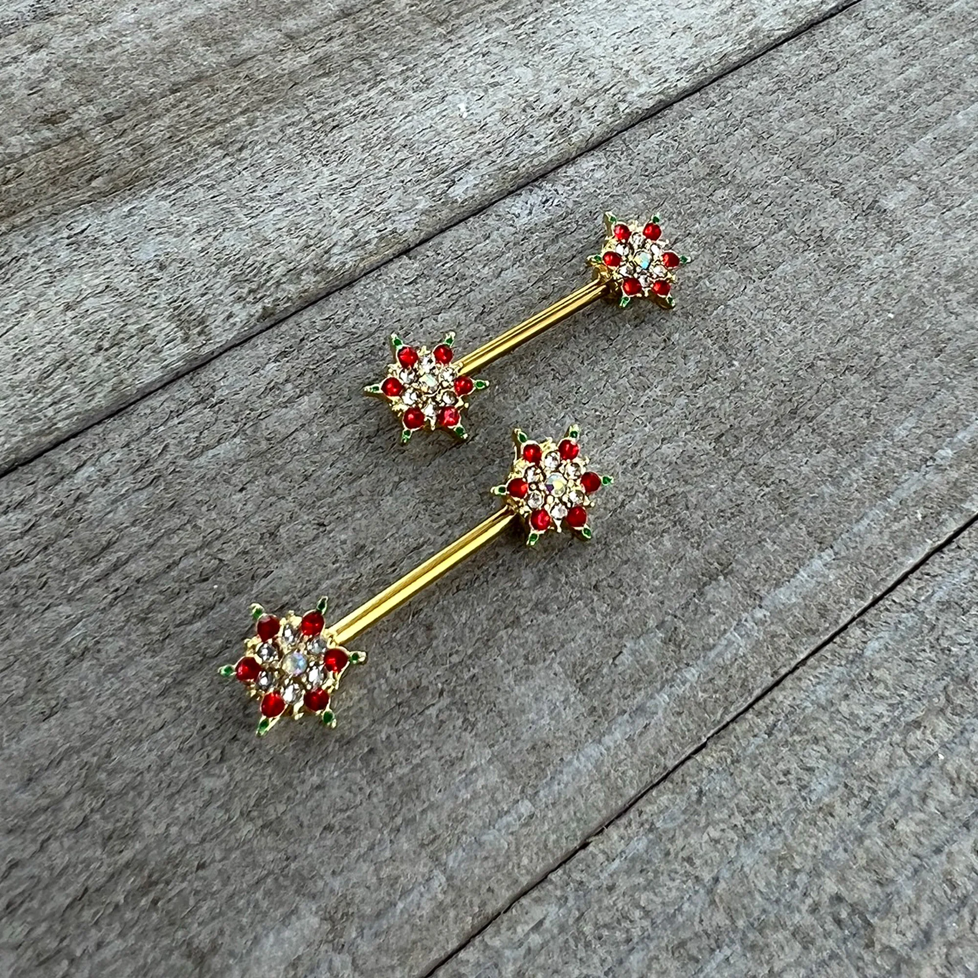 14G 9/16 Red Gem Gold Hue Bright Christmas Barbell Nipple Ring Set - Image 4