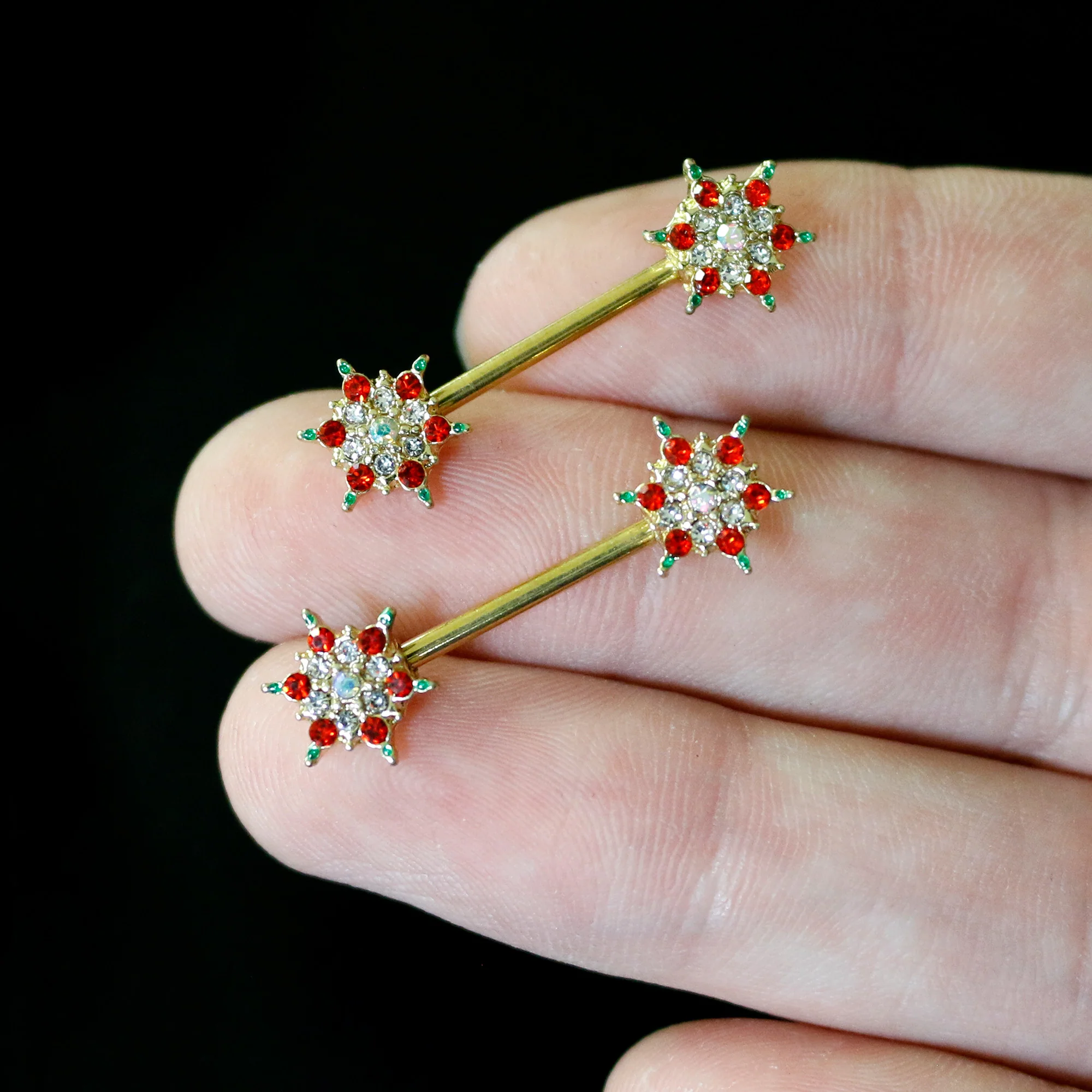 14G 9/16 Red Gem Gold Hue Bright Christmas Barbell Nipple Ring Set - Image 5