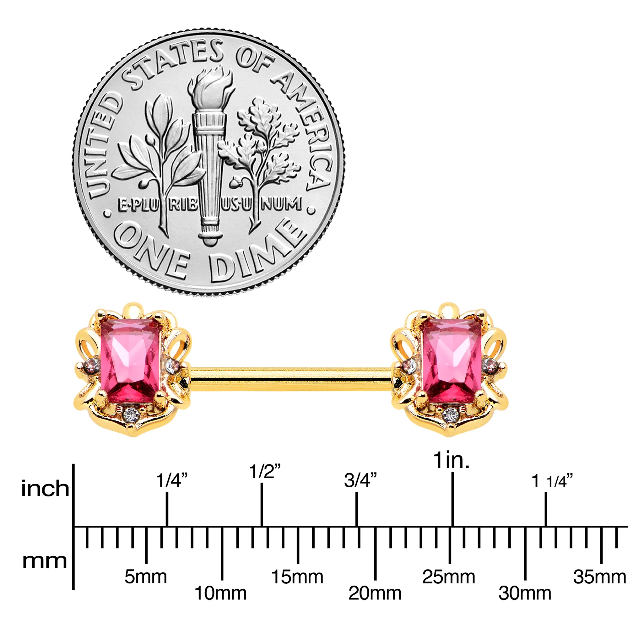 14G 9/16 Red Gem Gold Hue Regal Escutcheon Barbell Nipple Ring Set - Image 3