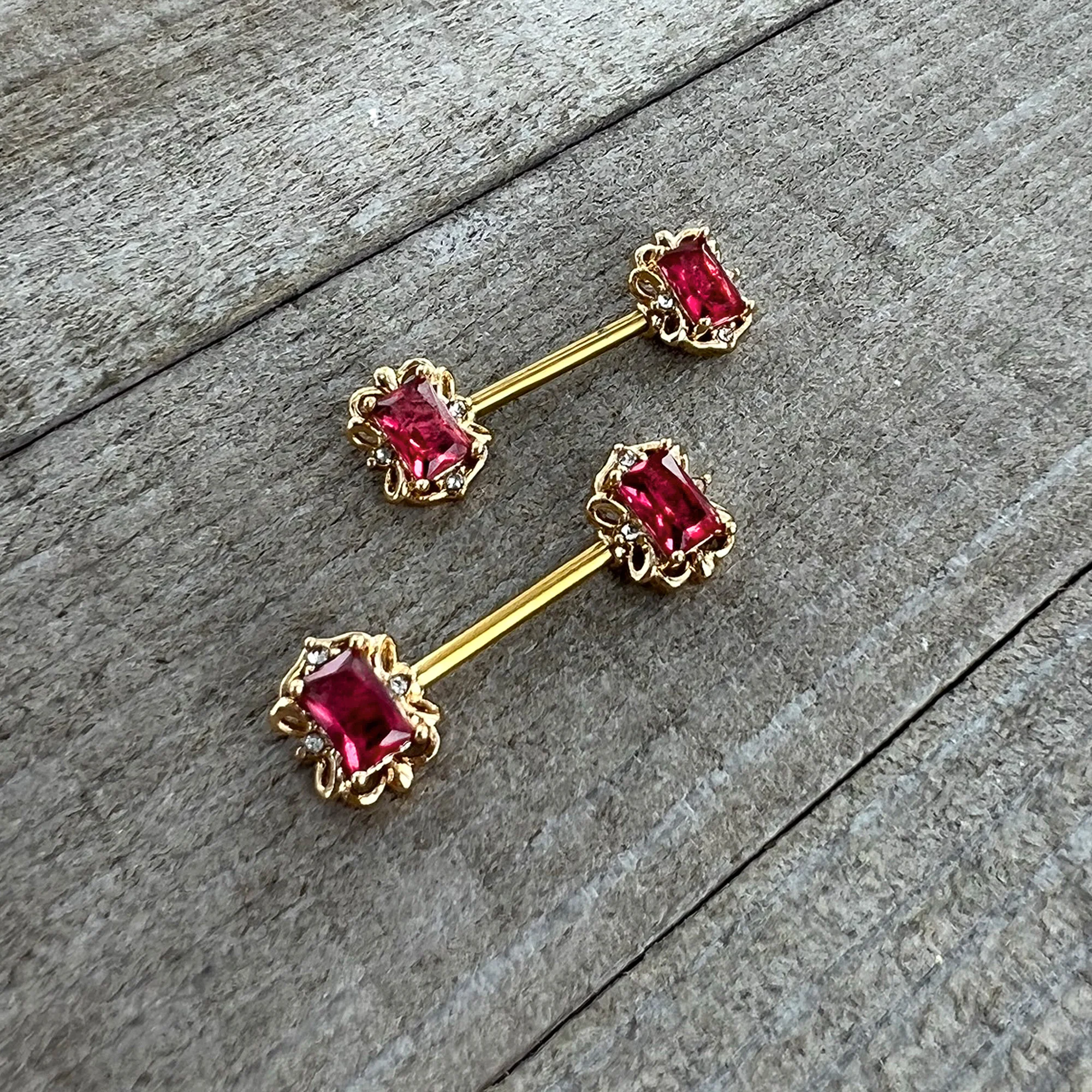 14G 9/16 Red Gem Gold Hue Regal Escutcheon Barbell Nipple Ring Set - Image 4