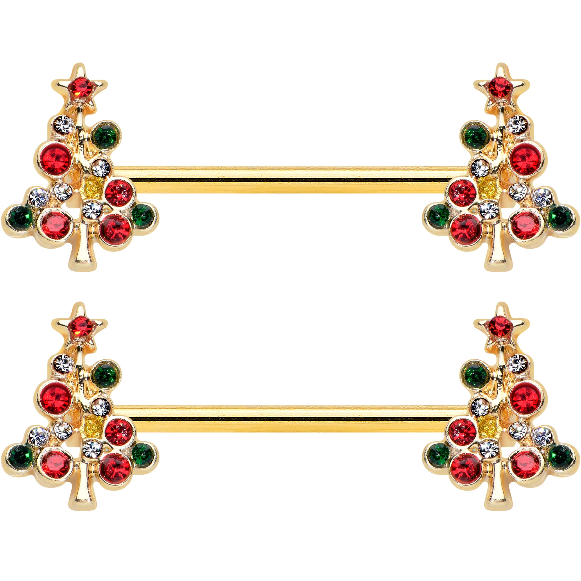 14G 9/16 Red Gem Gold Tone Christmas Tree Nipple Ring Set - Image 2