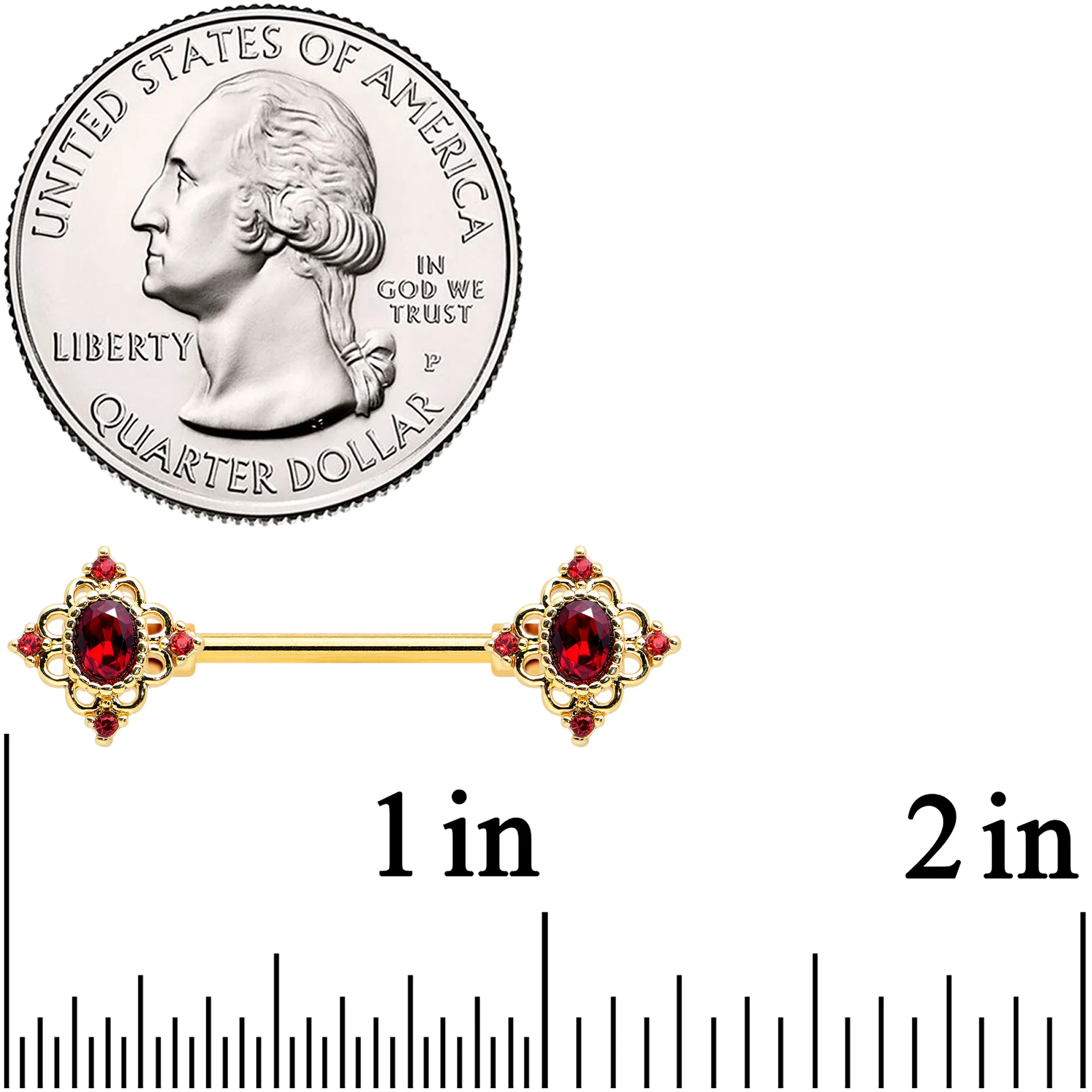 14G 9/16 Red Gem Gold Tone Rich Rhombus Barbell Nipple Ring Set - Image 2