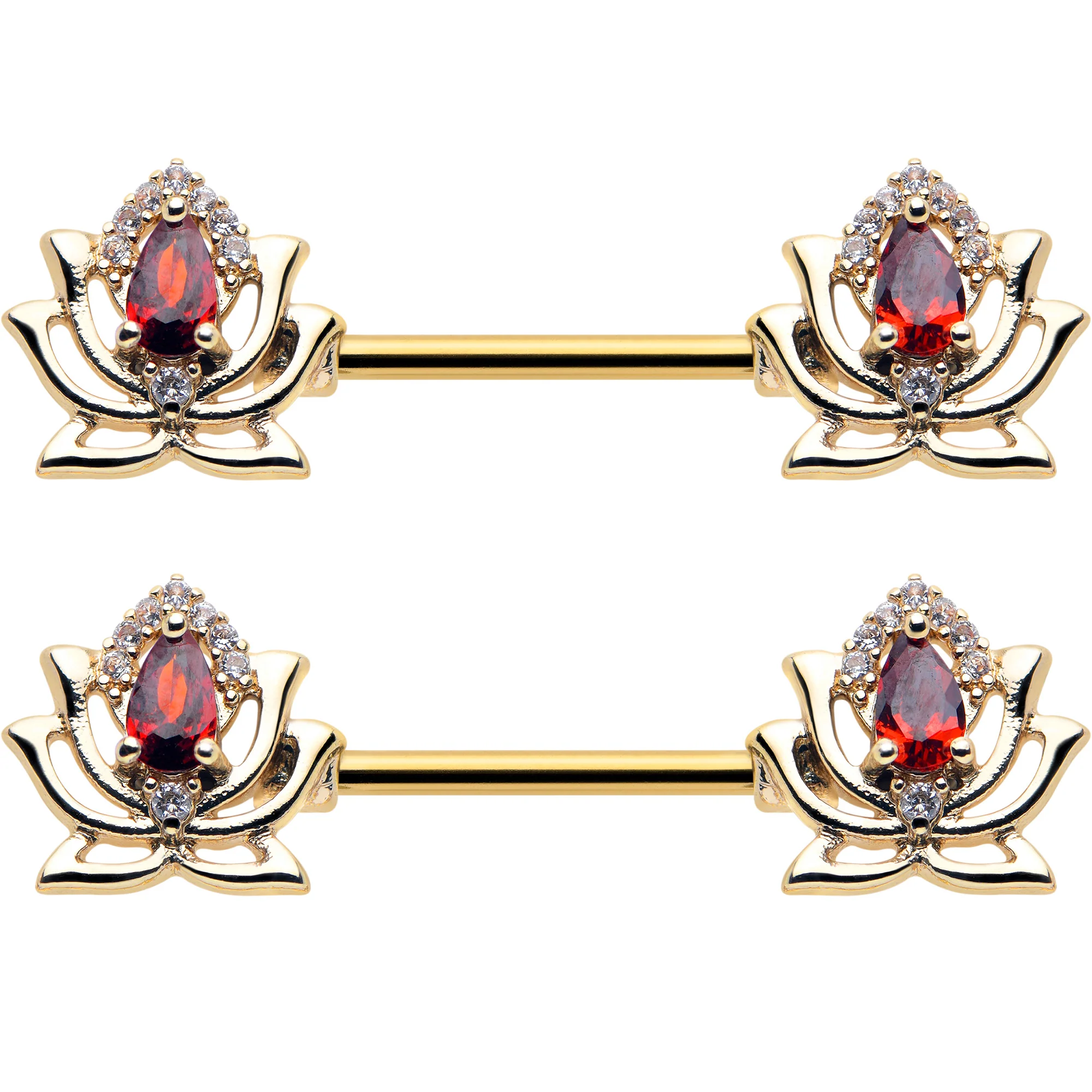 14G 9/16 Red Gem Gold Tone Royal Lotus Barbell Nipple Ring Set - Image 2
