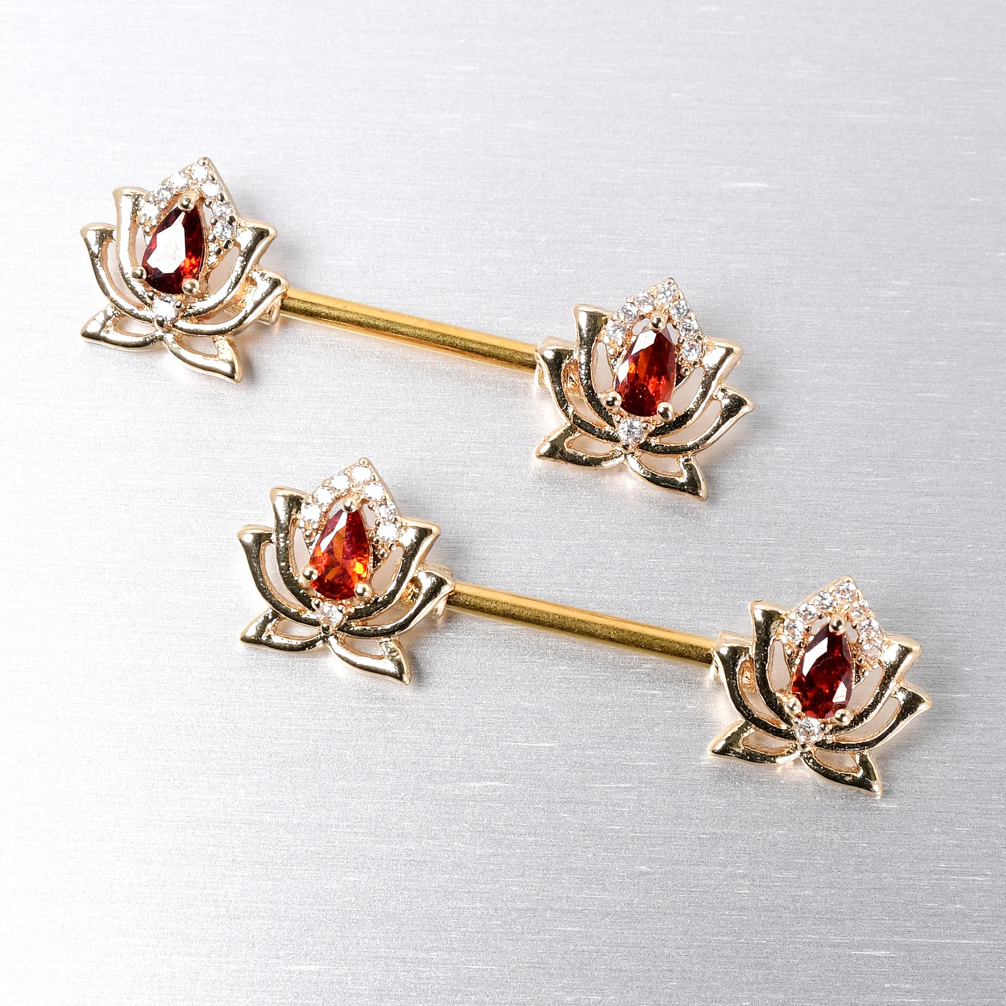 14G 9/16 Red Gem Gold Tone Royal Lotus Barbell Nipple Ring Set - Image 4