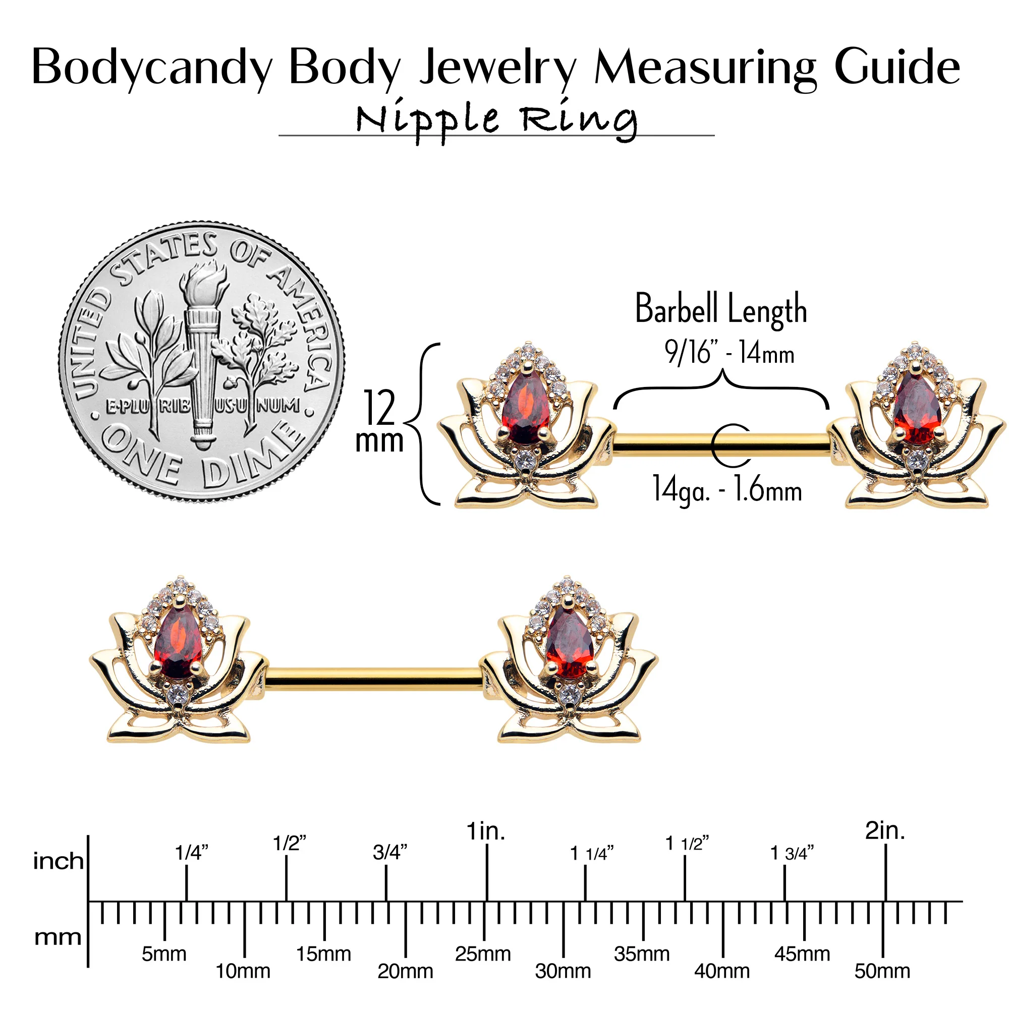 14G 9/16 Red Gem Gold Tone Royal Lotus Barbell Nipple Ring Set - Image 6