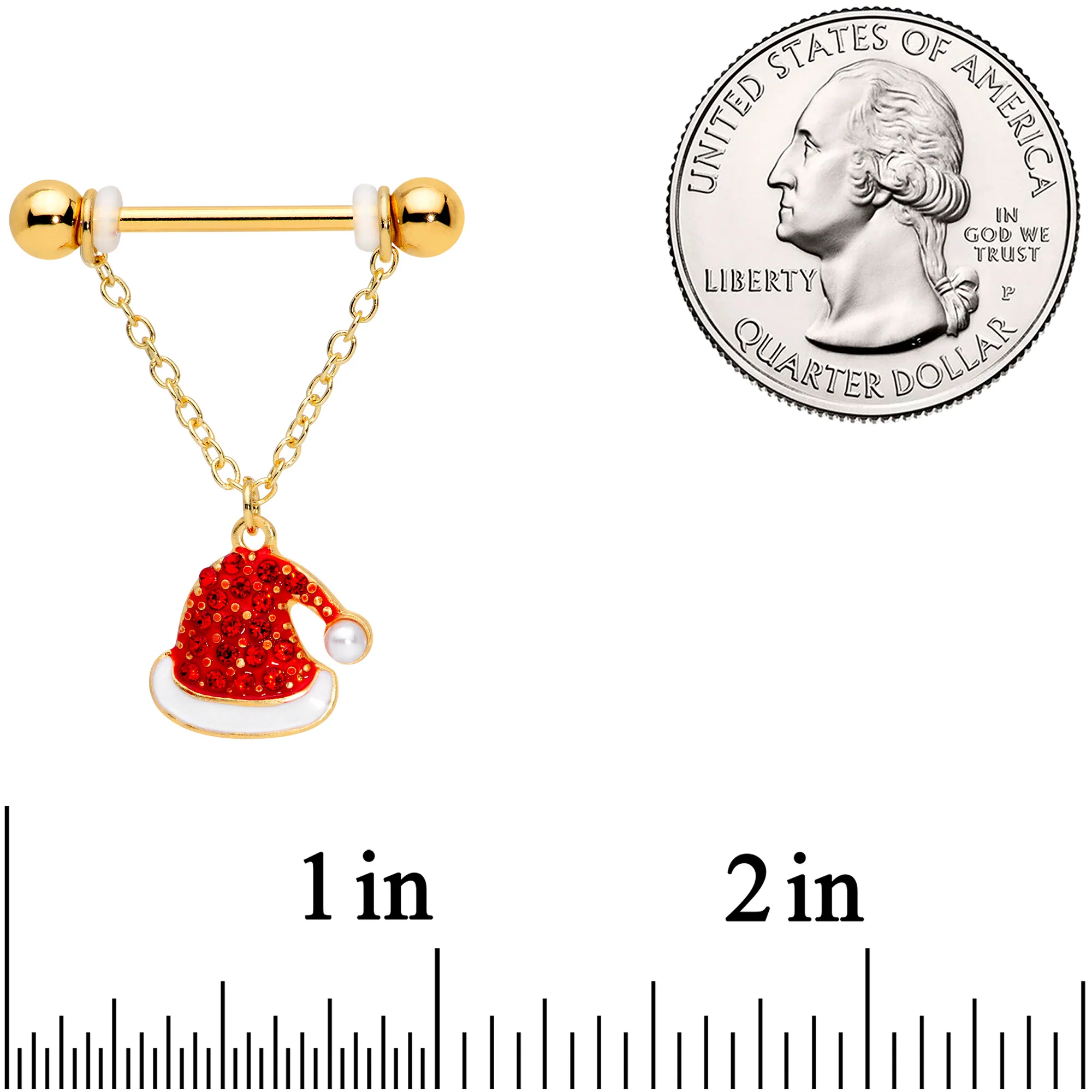 14G 9/16 Red Gem Gold Tone Santa Christmas Dangle Nipple Ring Set - Image 2