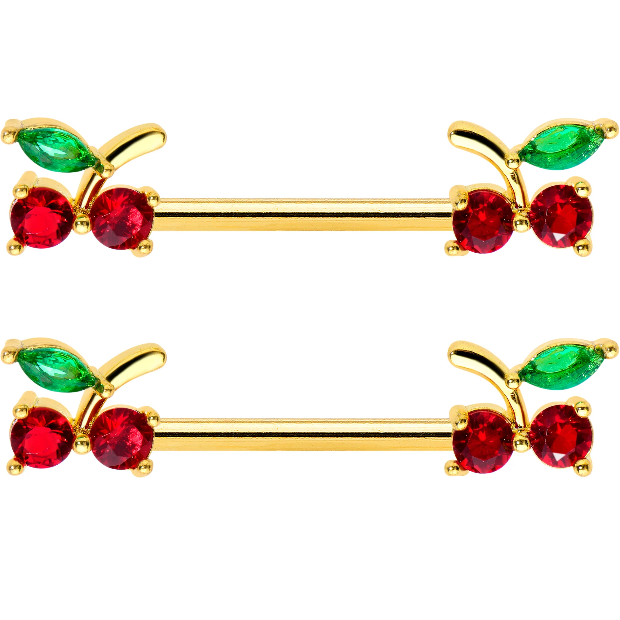 14G 9/16 Red Gem Gold Tone Tasty Cherry Barbell Nipple Ring Set - Image 2