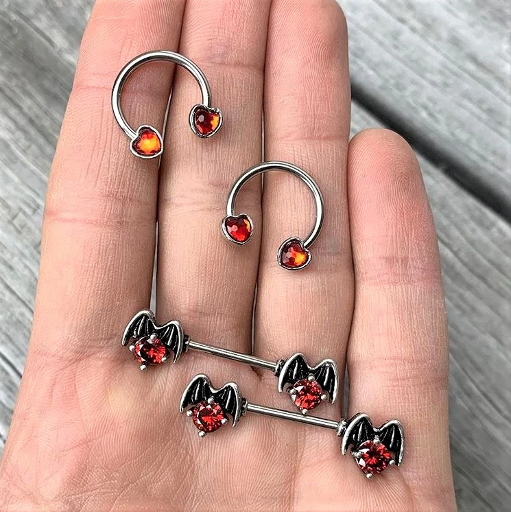 14G 9/16 Red Gem Heart Horseshoe Nipple Ring Set - Image 2