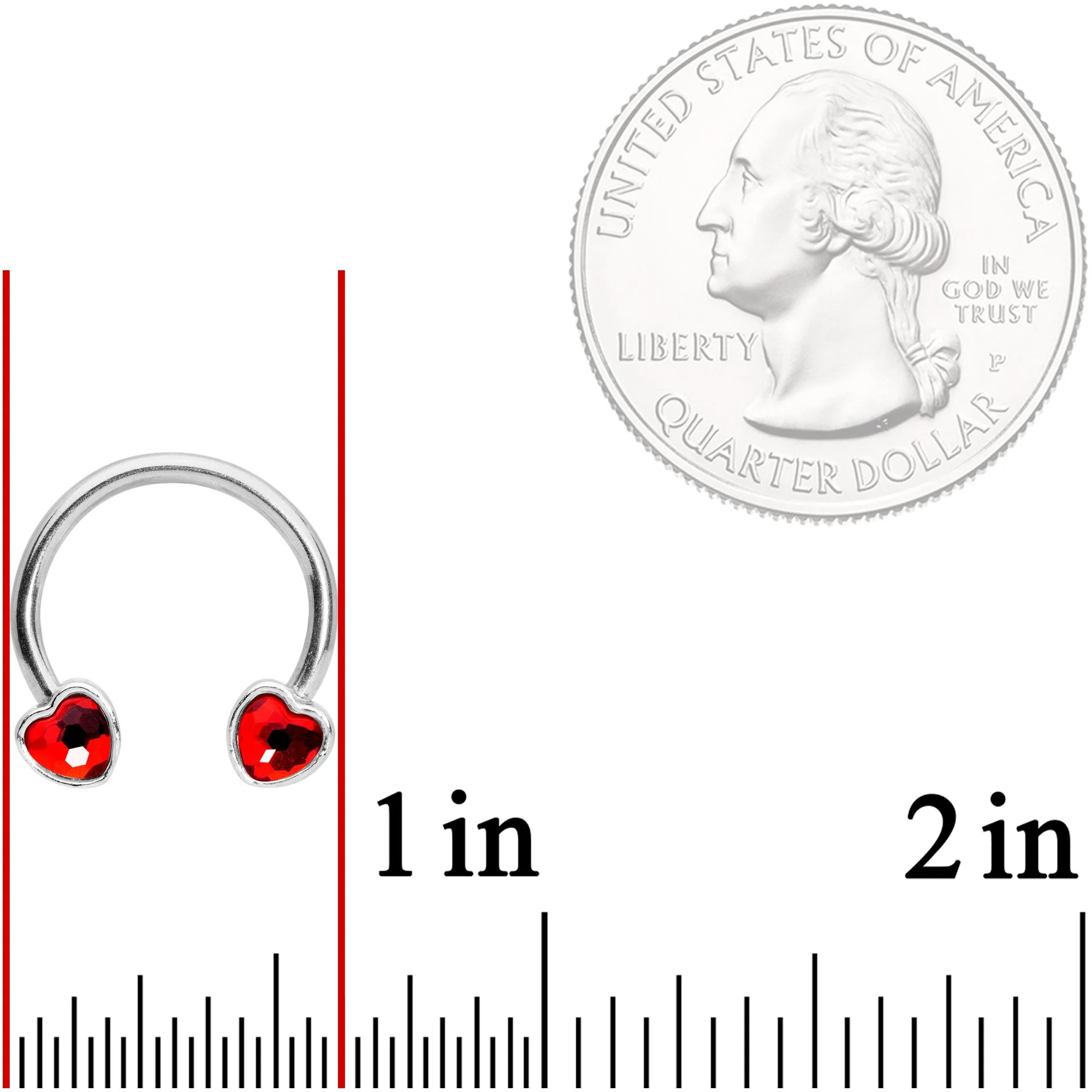 14G 9/16 Red Gem Heart Horseshoe Nipple Ring Set - Image 3