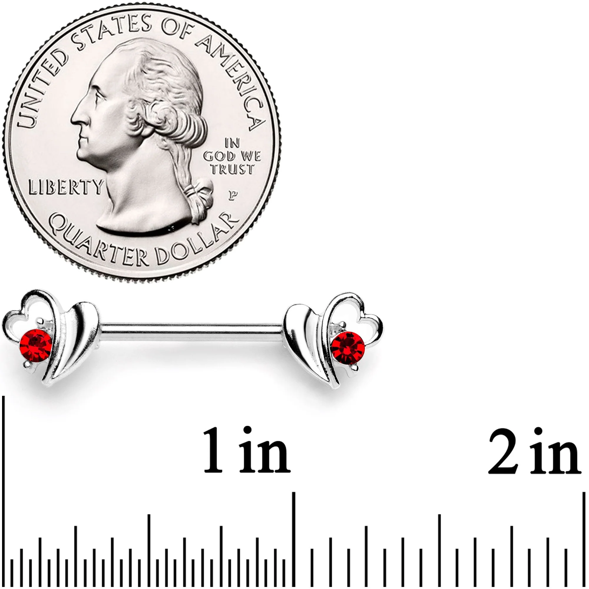 14G 9/16 Red Gem Love Wave Barbell Nipple Ring Set - Image 2
