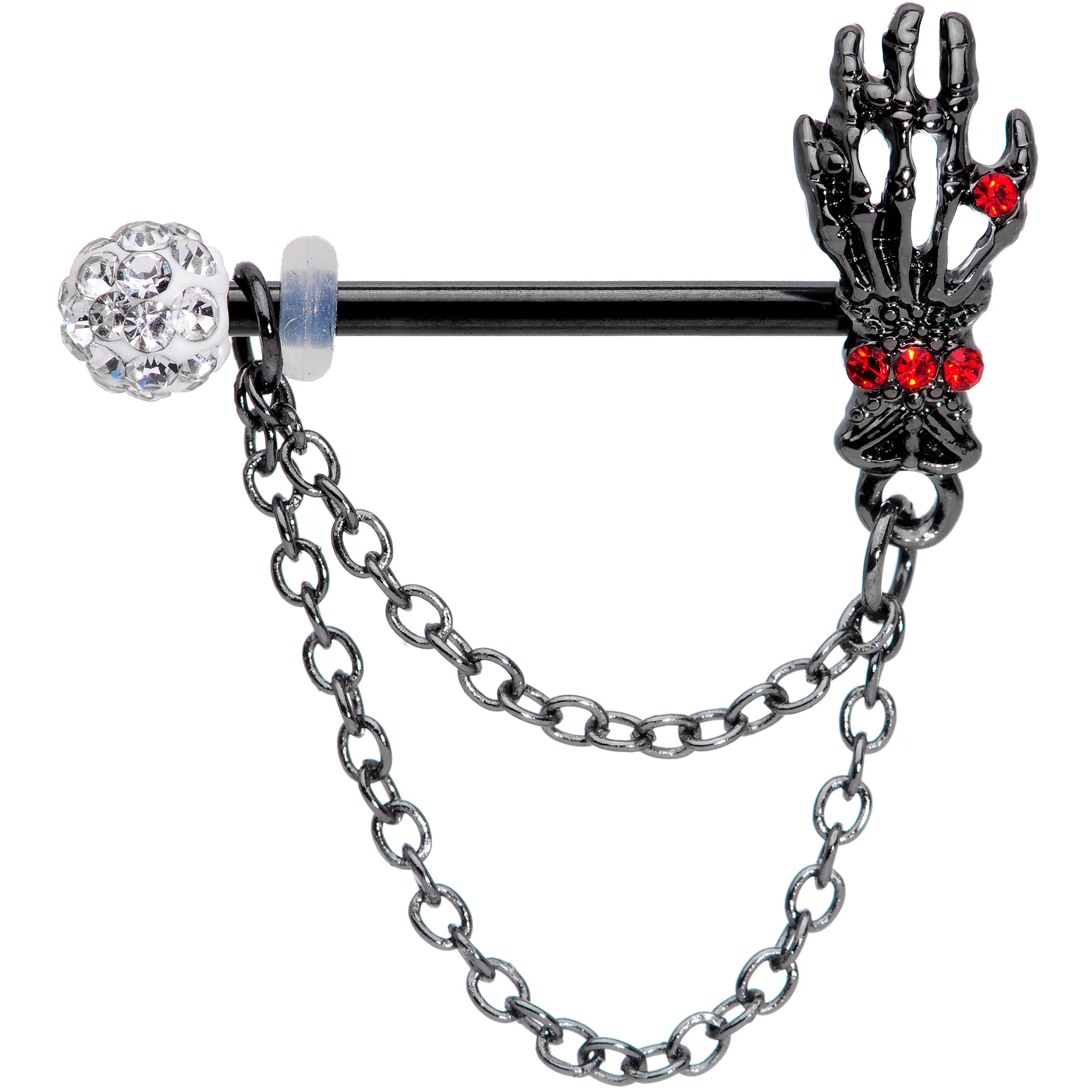 14G 9/16 Red Gem Skeleton Hands Black Halloween Nipple Ring Set - Image 2