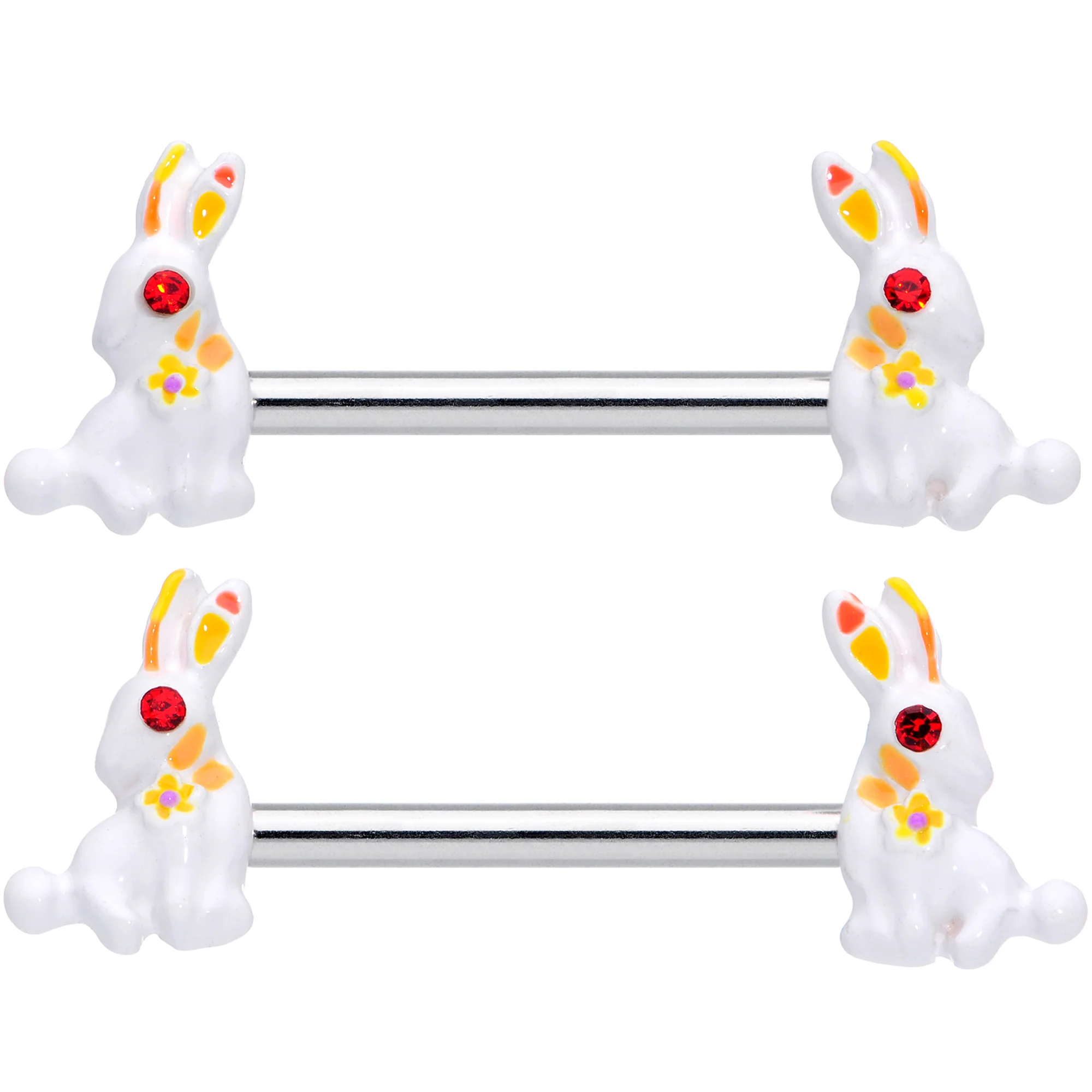 14G 9/16 Red Gem White Easter Rabbit Barbell Nipple Ring Set - Image 2