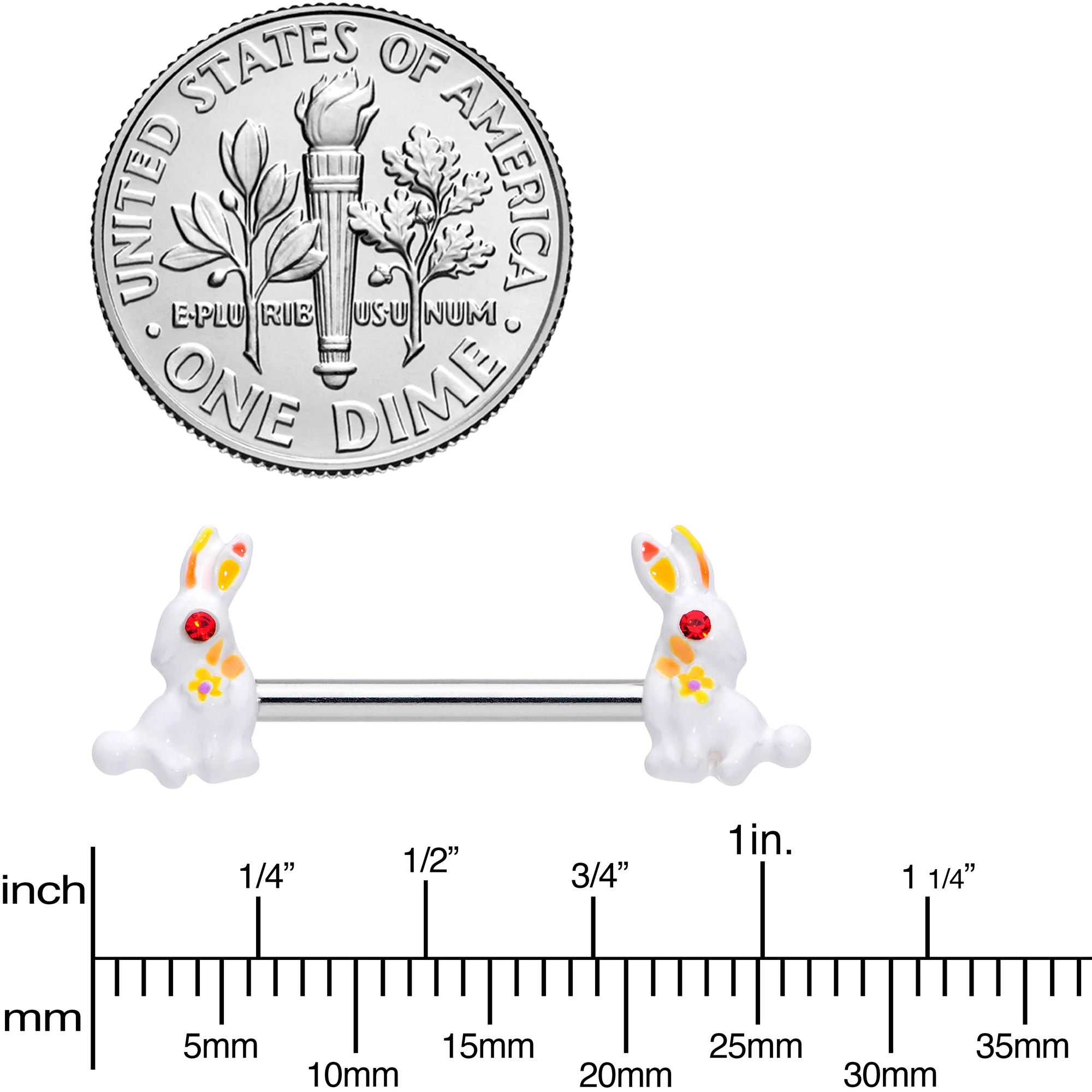14G 9/16 Red Gem White Easter Rabbit Barbell Nipple Ring Set - Image 3